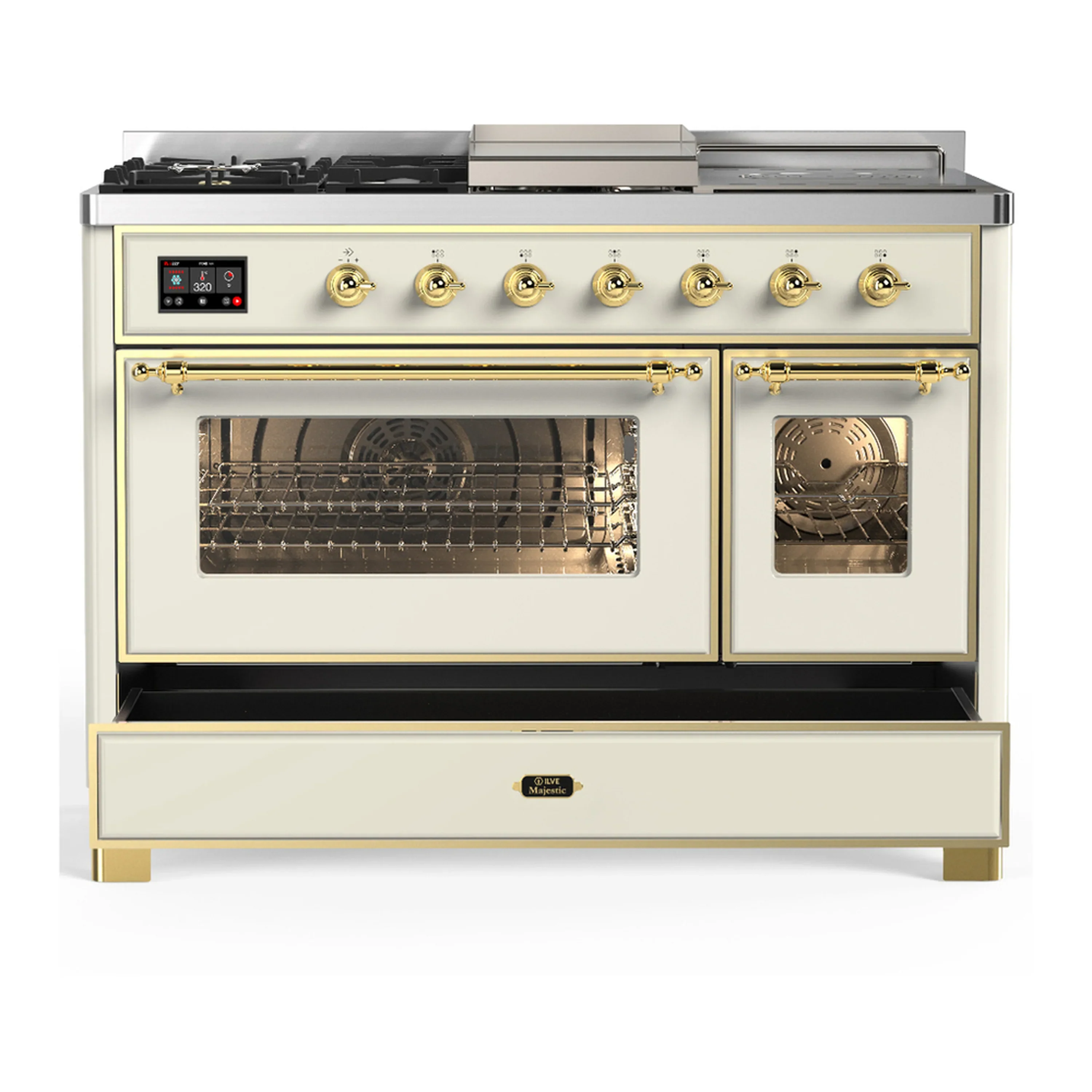 ILVE Majestic III 48-inch Dual Fuel Range with 5 Natural Gas Burner, Griddle, French Top and Triple Glass Door Electric Oven in Antique White with Brass Trim (UM48FSNR3AWG) - Image 3