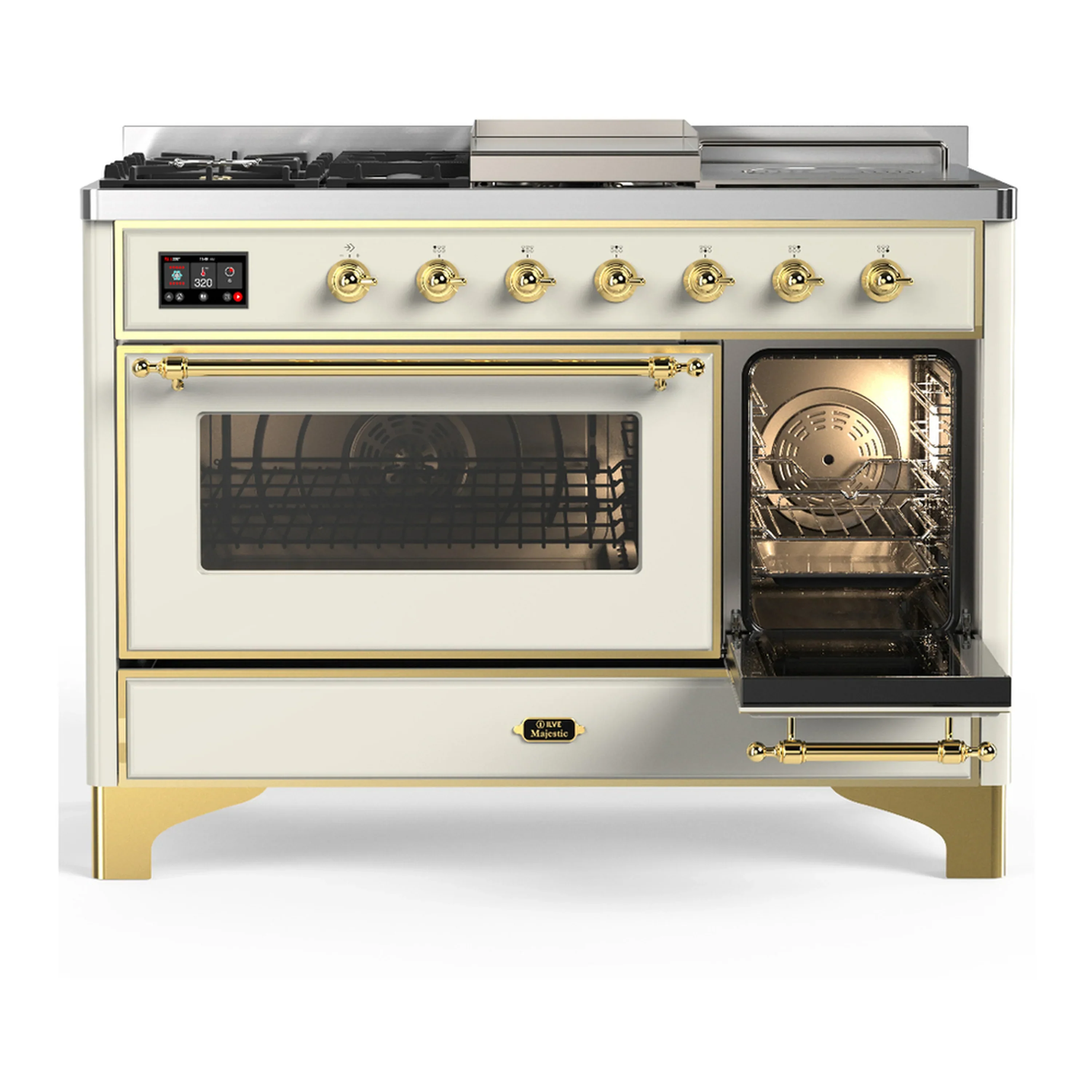ILVE Majestic III 48-inch Dual Fuel Range with 5 Natural Gas Burner, Griddle, French Top and Triple Glass Door Electric Oven in Antique White with Brass Trim (UM48FSNR3AWG) - Image 4