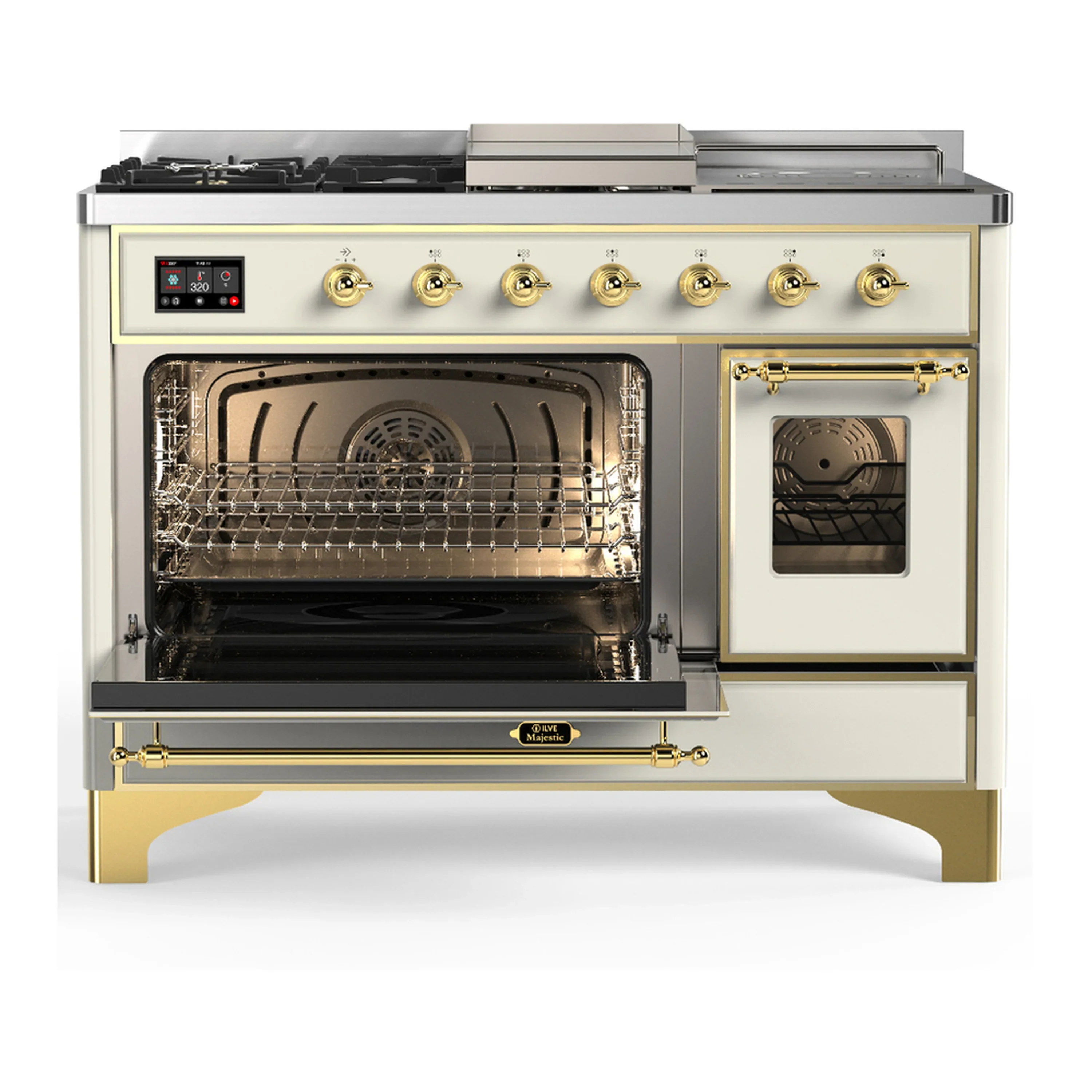 ILVE Majestic III 48-inch Dual Fuel Range with 5 Natural Gas Burner, Griddle, French Top and Triple Glass Door Electric Oven in Antique White with Brass Trim (UM48FSNR3AWG) - Image 5