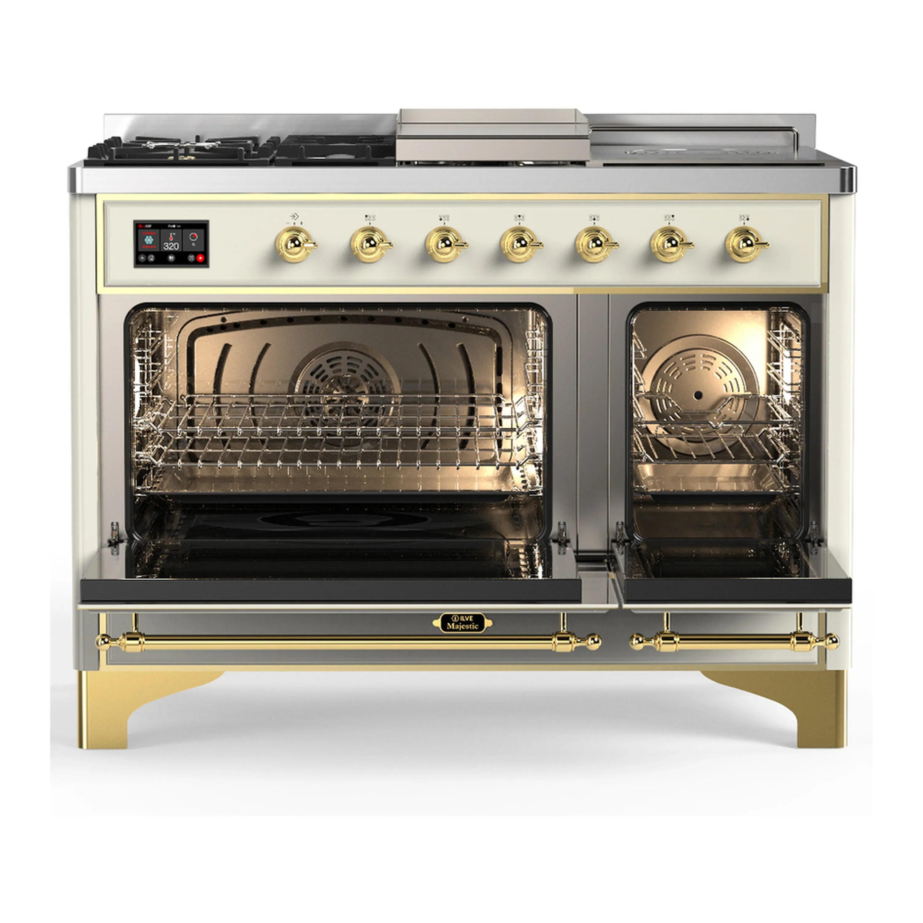 ILVE Majestic III 48-inch Dual Fuel Range with 5 Natural Gas Burner, Griddle, French Top and Triple Glass Door Electric Oven in Antique White with Brass Trim (UM48FSNR3AWG) - Image 6