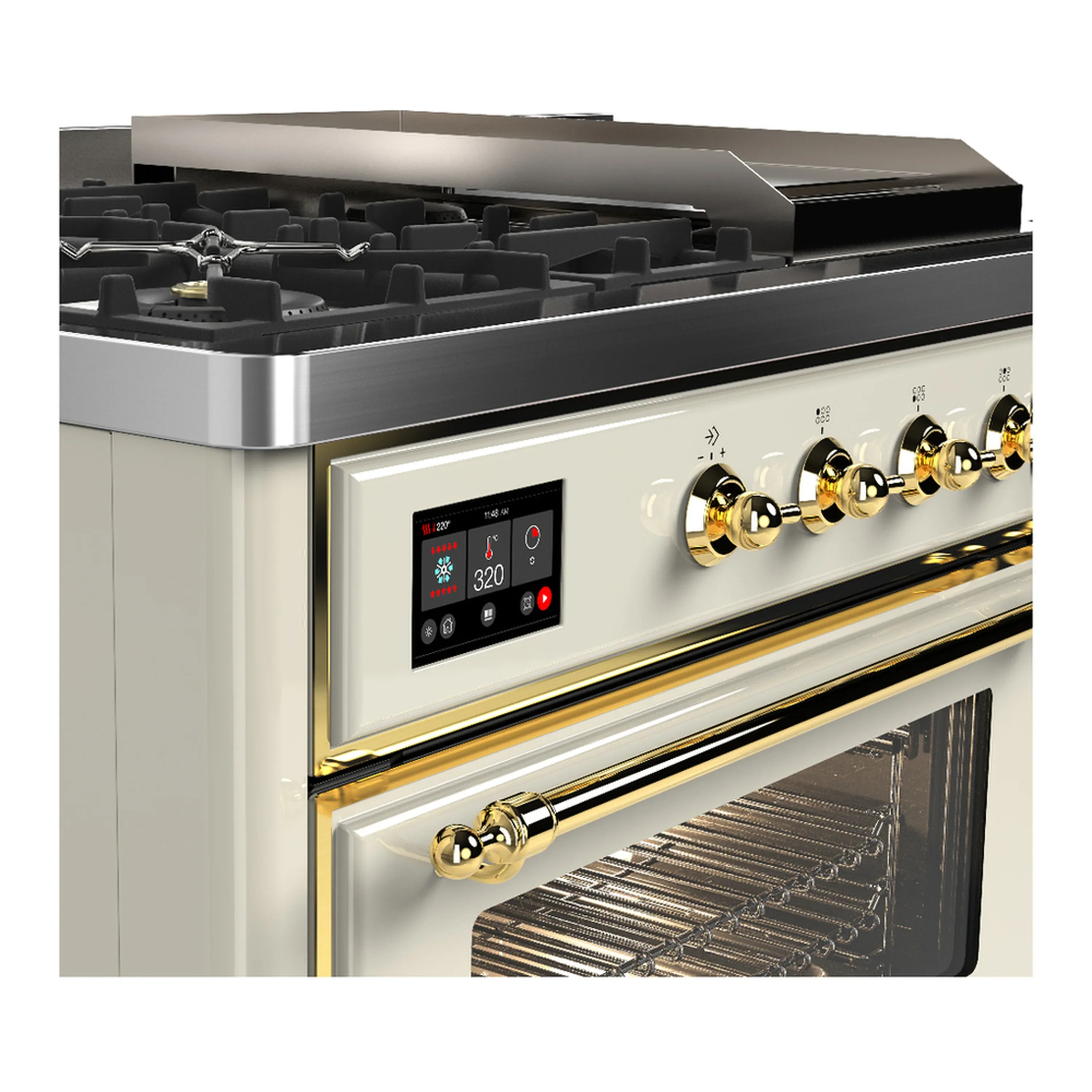 ILVE Majestic III 48-inch Dual Fuel Range with 5 Natural Gas Burner, Griddle, French Top and Triple Glass Door Electric Oven in Antique White with Brass Trim (UM48FSNR3AWG) - Image 7