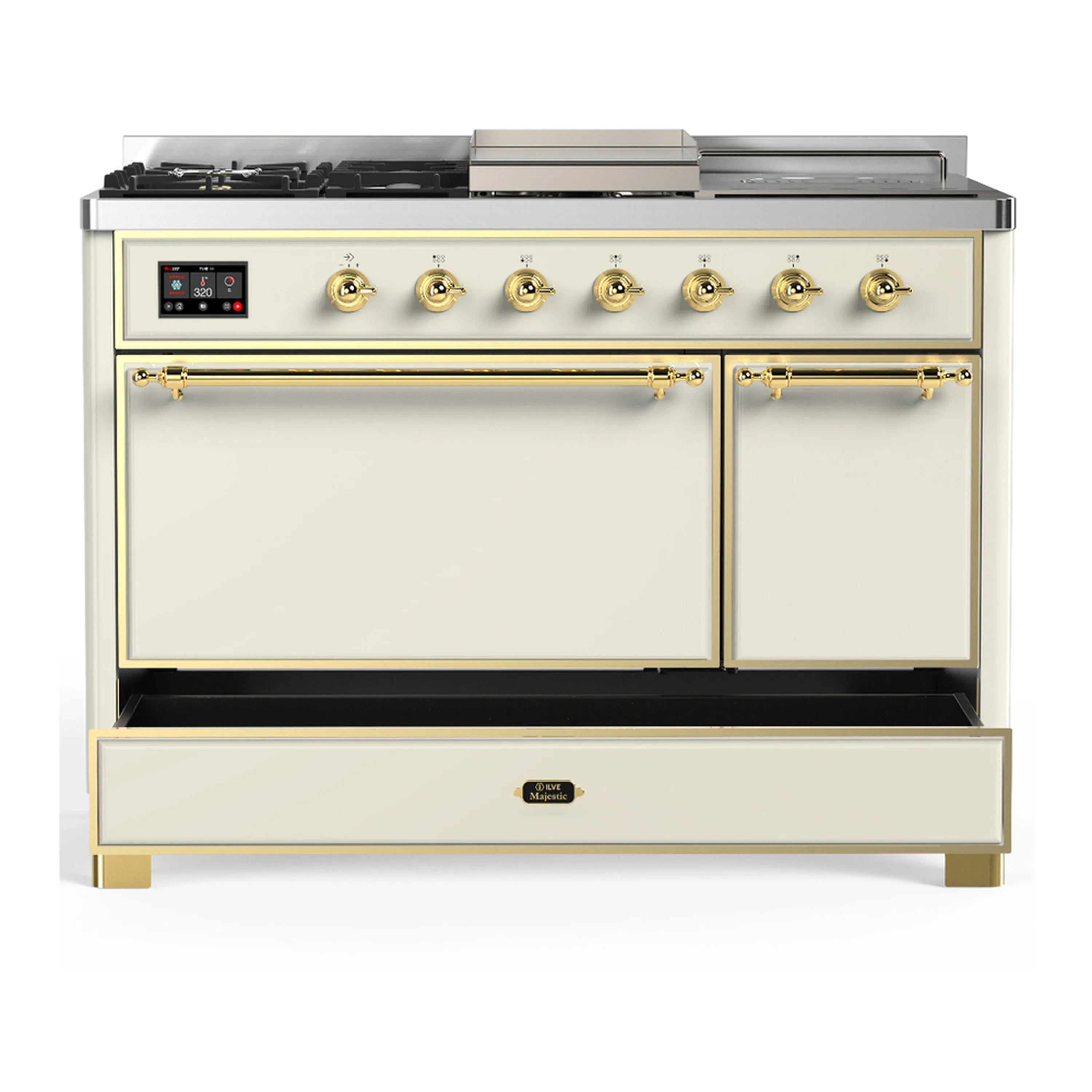 ILVE Majestic III 48-inch Dual Fuel Range with 5 Natural Gas Burner, Griddle, French Top and Solid Door Electric Oven in Antique White with Brass Trim (UM48FSQNR3AWG) - Image 3