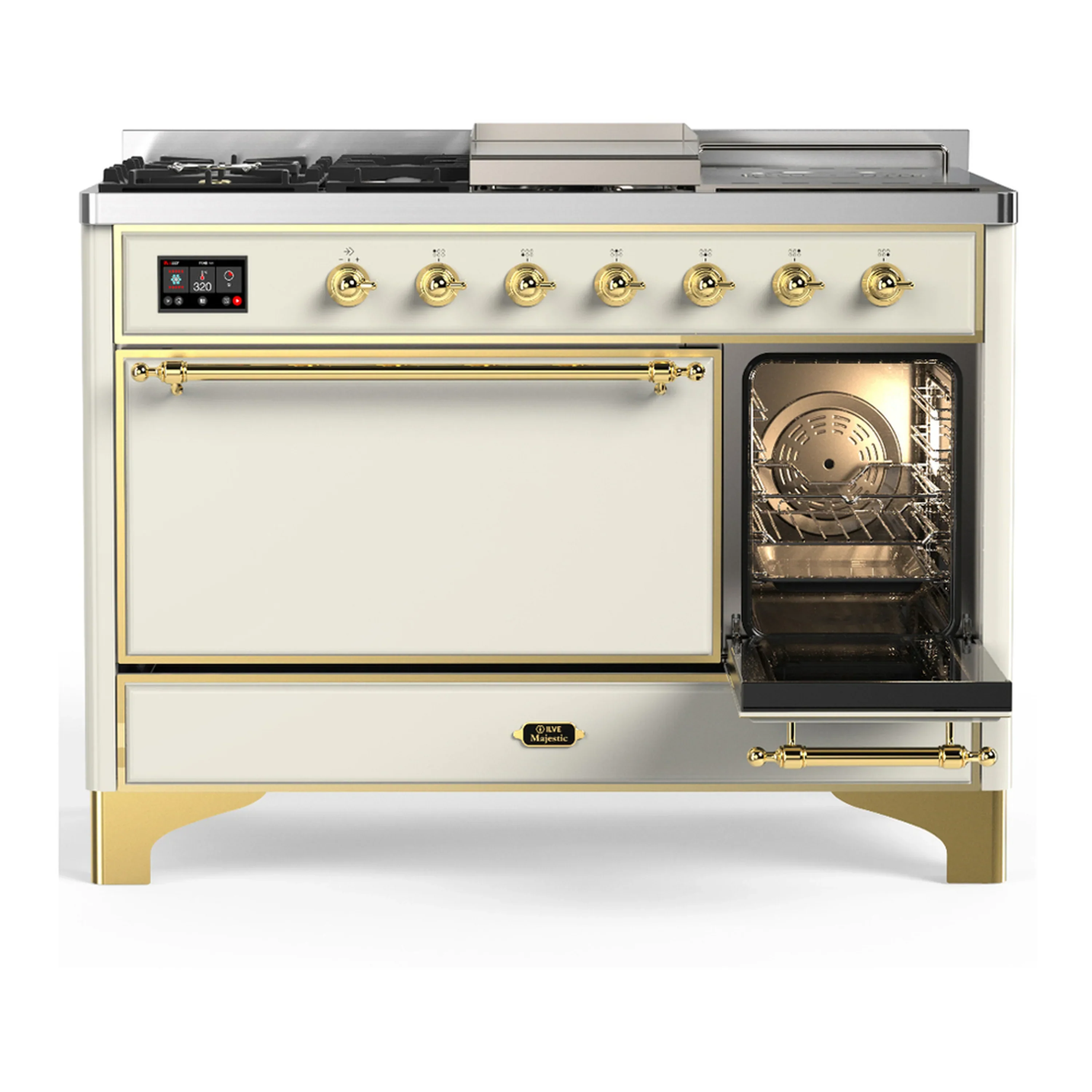 ILVE Majestic III 48-inch Dual Fuel Range with 5 Liquid Propane Burner, Griddle, French Top and Solid Door Electric Oven in Antique White with Brass Trim (UM48FSQNR3AWGLP) - Image 4