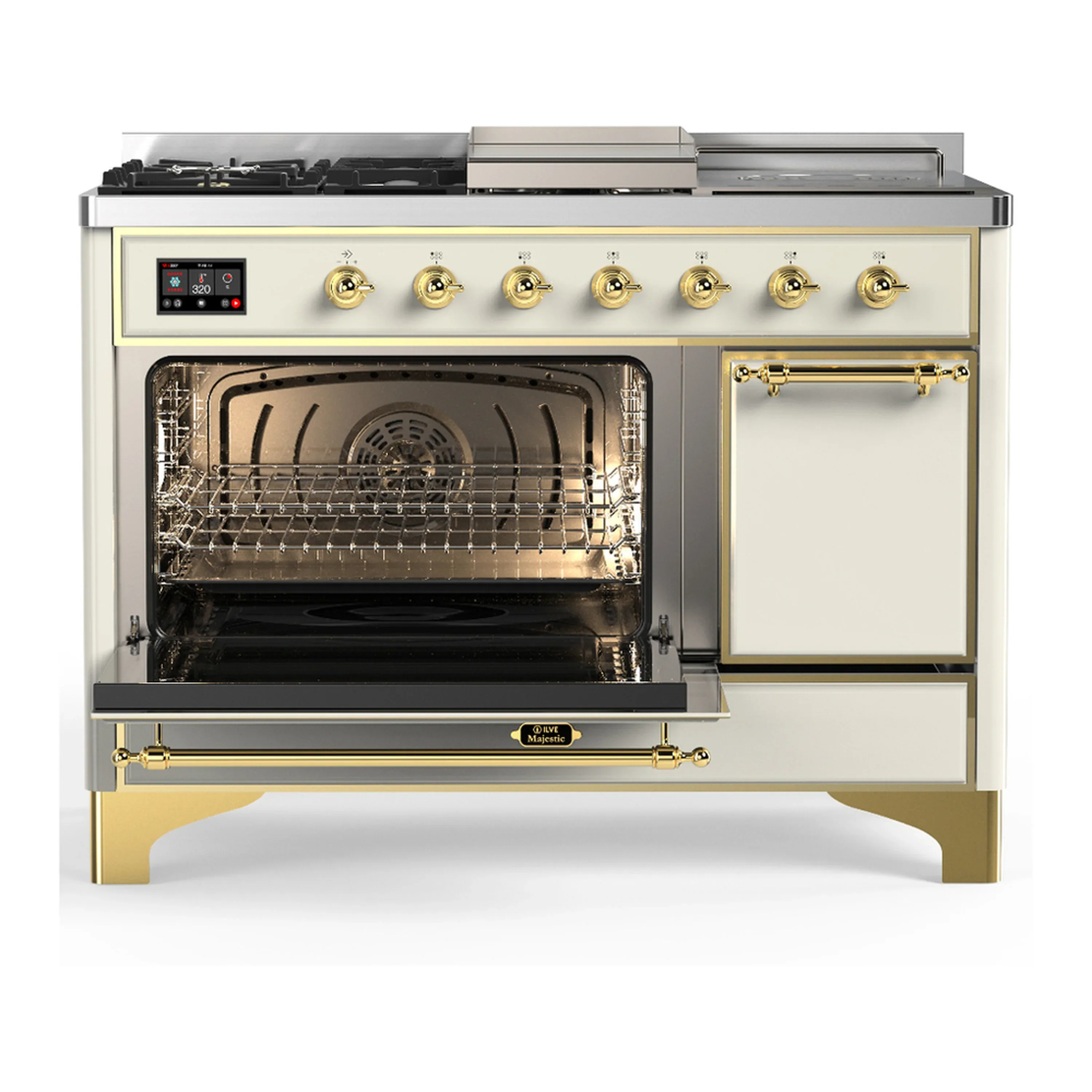 ILVE Majestic III 48-inch Dual Fuel Range with 5 Liquid Propane Burner, Griddle, French Top and Solid Door Electric Oven in Antique White with Brass Trim (UM48FSQNR3AWGLP) - Image 5