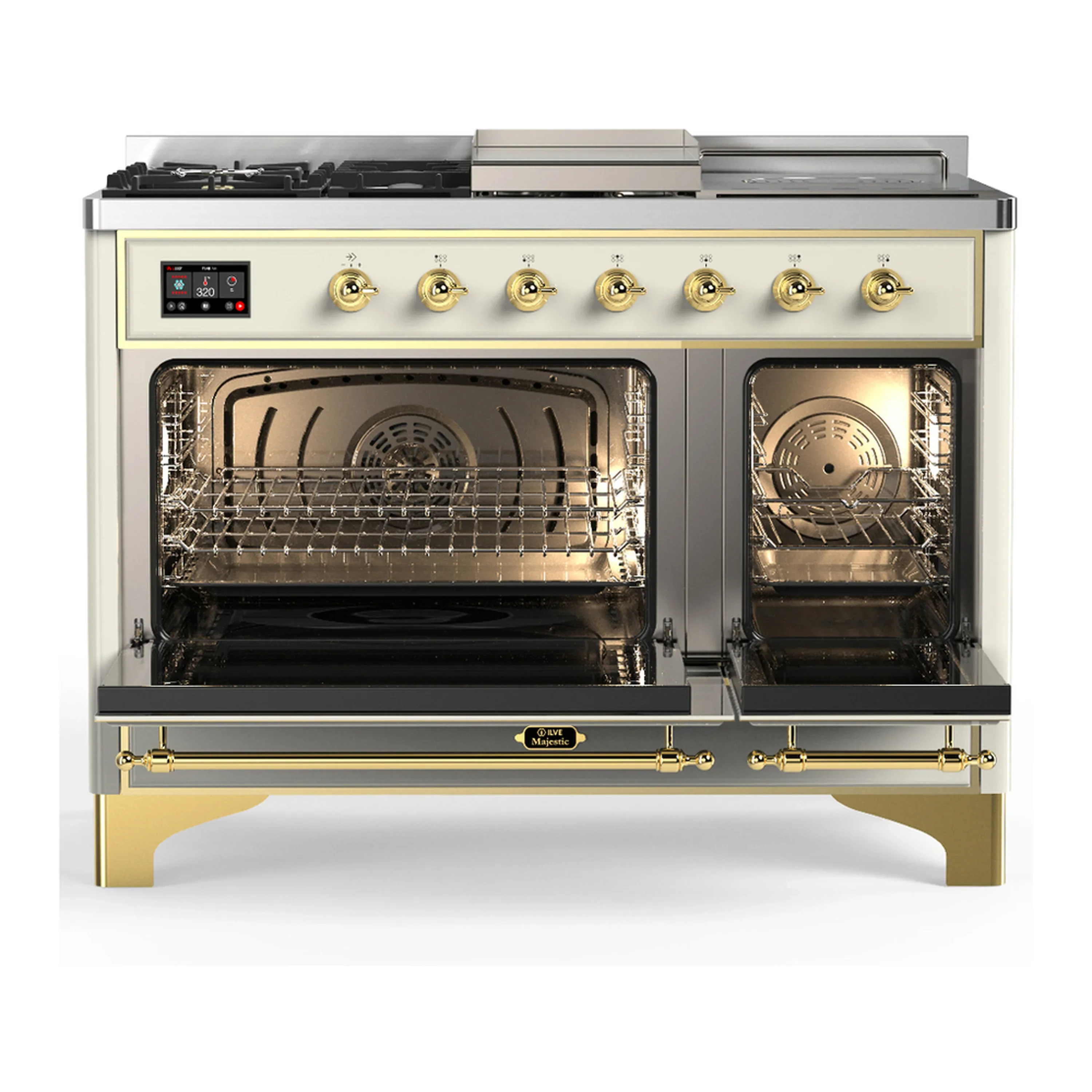 ILVE Majestic III 48-inch Dual Fuel Range with 5 Liquid Propane Burner, Griddle, French Top and Solid Door Electric Oven in Antique White with Brass Trim (UM48FSQNR3AWGLP) - Image 6