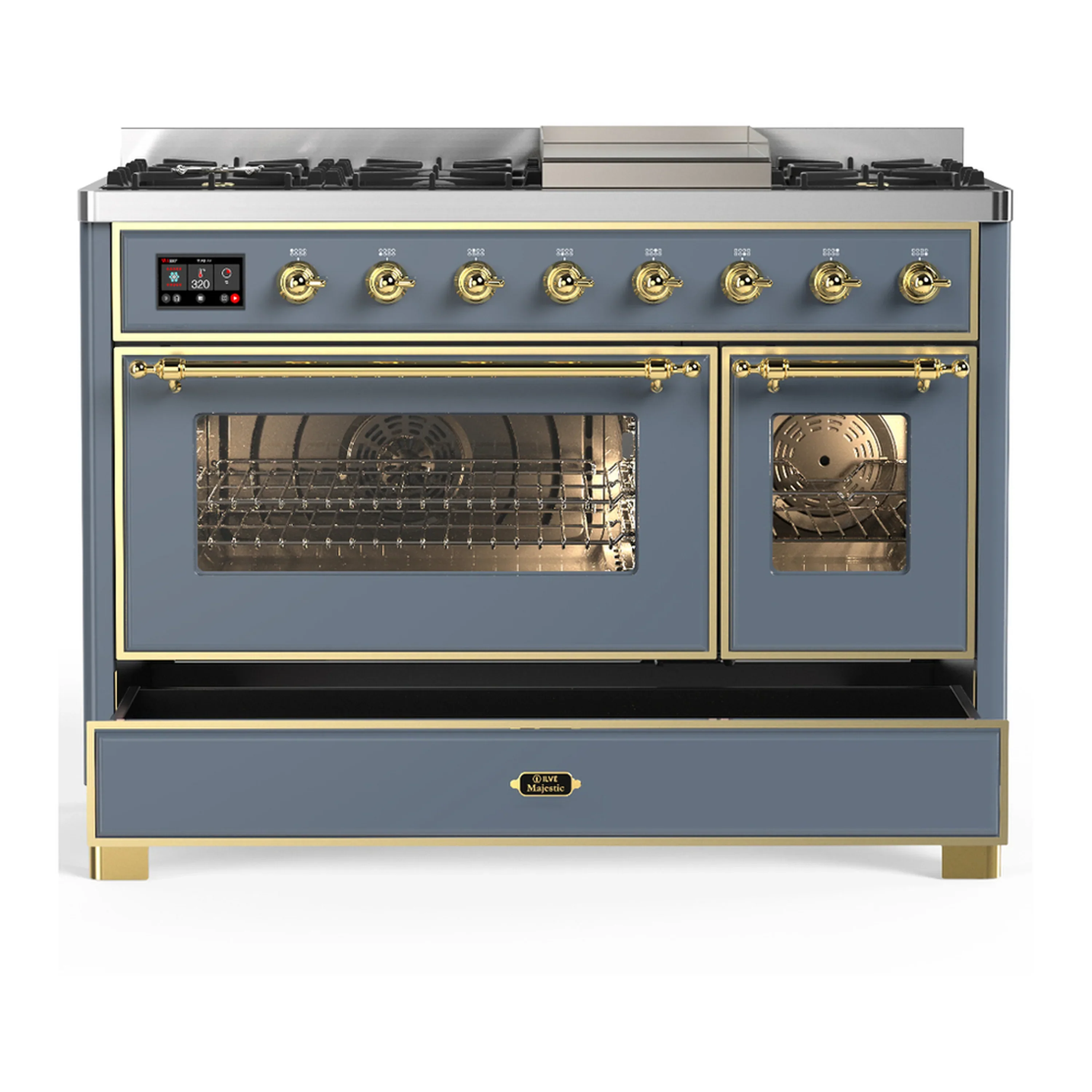 ILVE Majestic III 48-inch Dual Fuel Range with 5 Natural Gas Burner, Griddle and Triple Glass Door Electric Oven in Blue Grey with Brass Trim (UM48FNR3BGG) - Image 3