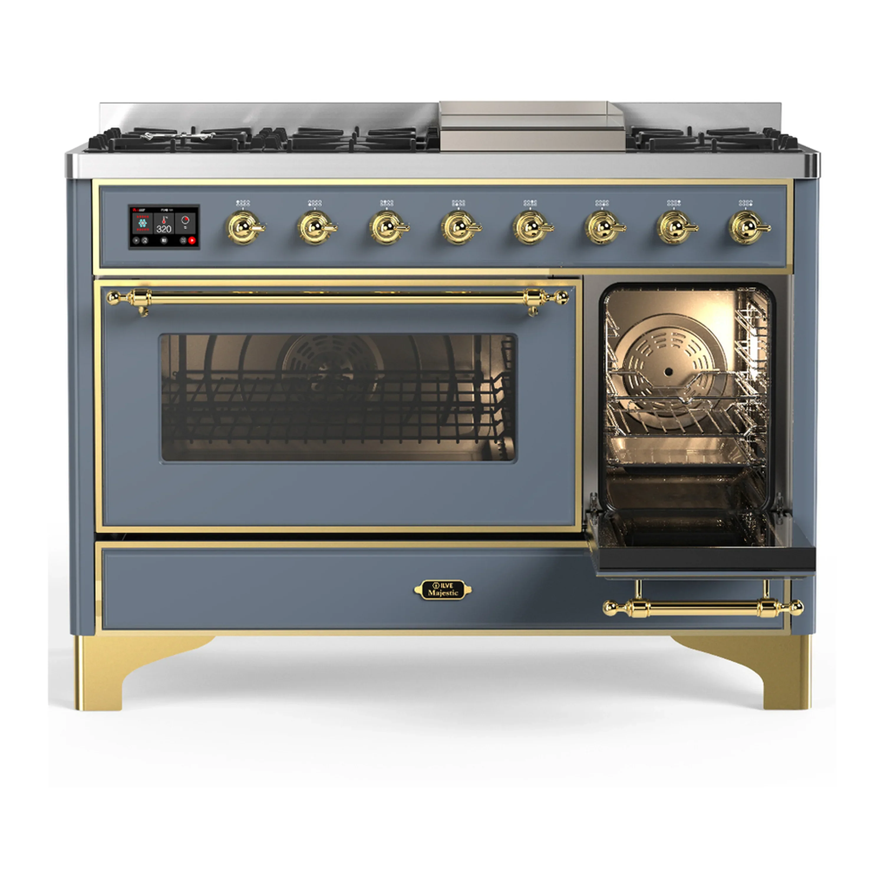 ILVE Majestic III 48-inch Dual Fuel Range with 5 Natural Gas Burner, Griddle and Triple Glass Door Electric Oven in Blue Grey with Brass Trim (UM48FNR3BGG) - Image 4