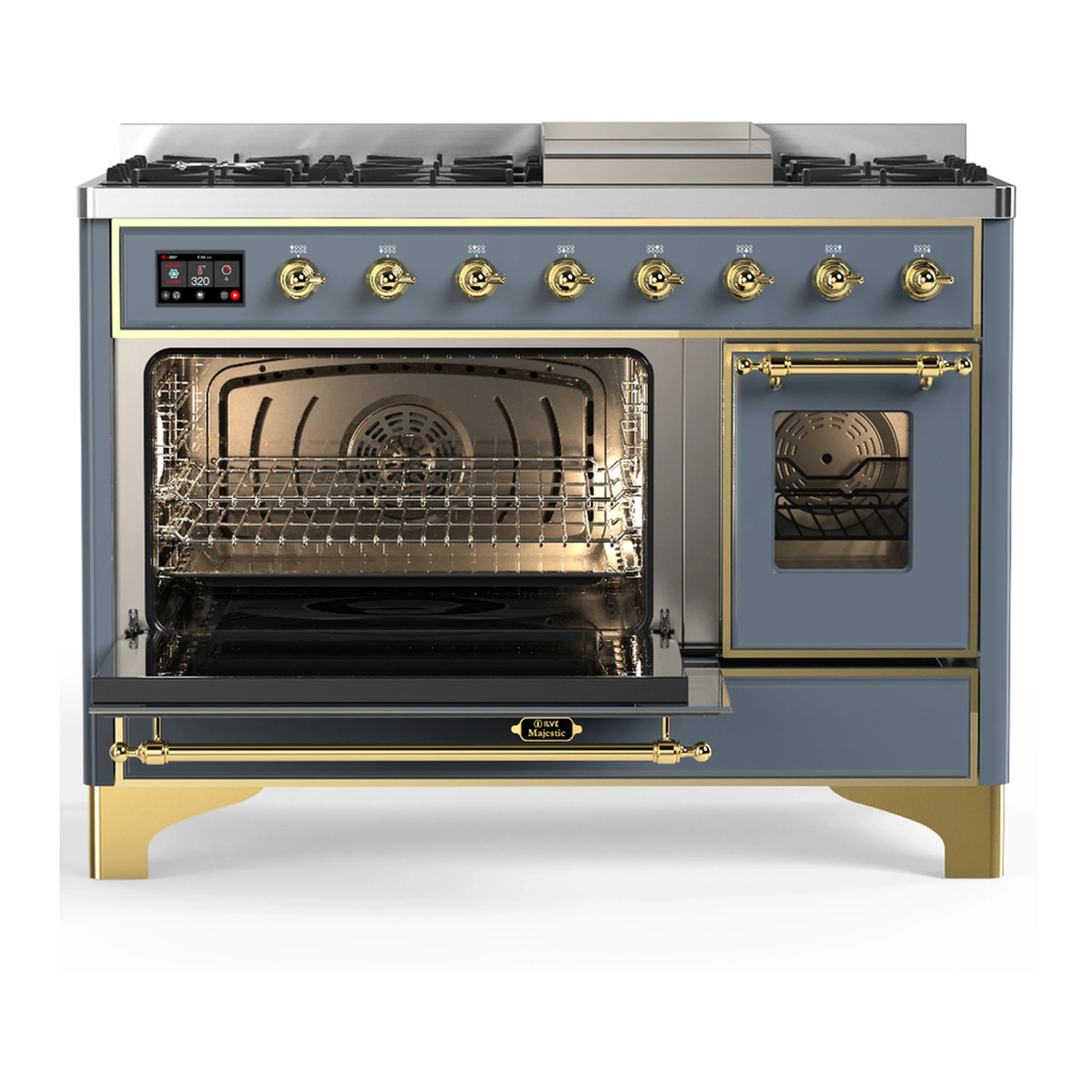ILVE Majestic III 48-inch Dual Fuel Range with 5 Natural Gas Burner, Griddle and Triple Glass Door Electric Oven in Blue Grey with Brass Trim (UM48FNR3BGG) - Image 5