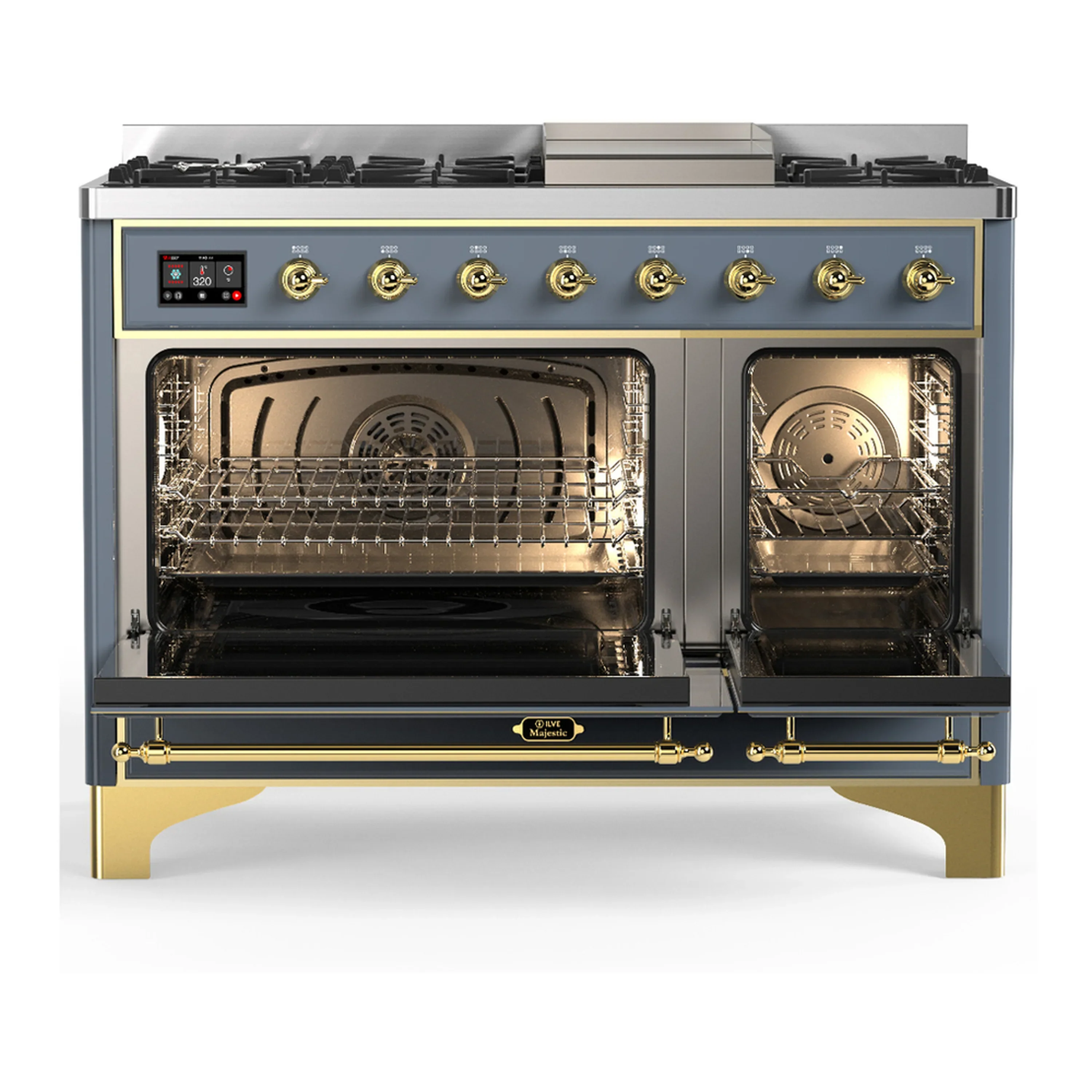 ILVE Majestic III 48-inch Dual Fuel Range with 5 Natural Gas Burner, Griddle and Triple Glass Door Electric Oven in Blue Grey with Brass Trim (UM48FNR3BGG) - Image 6