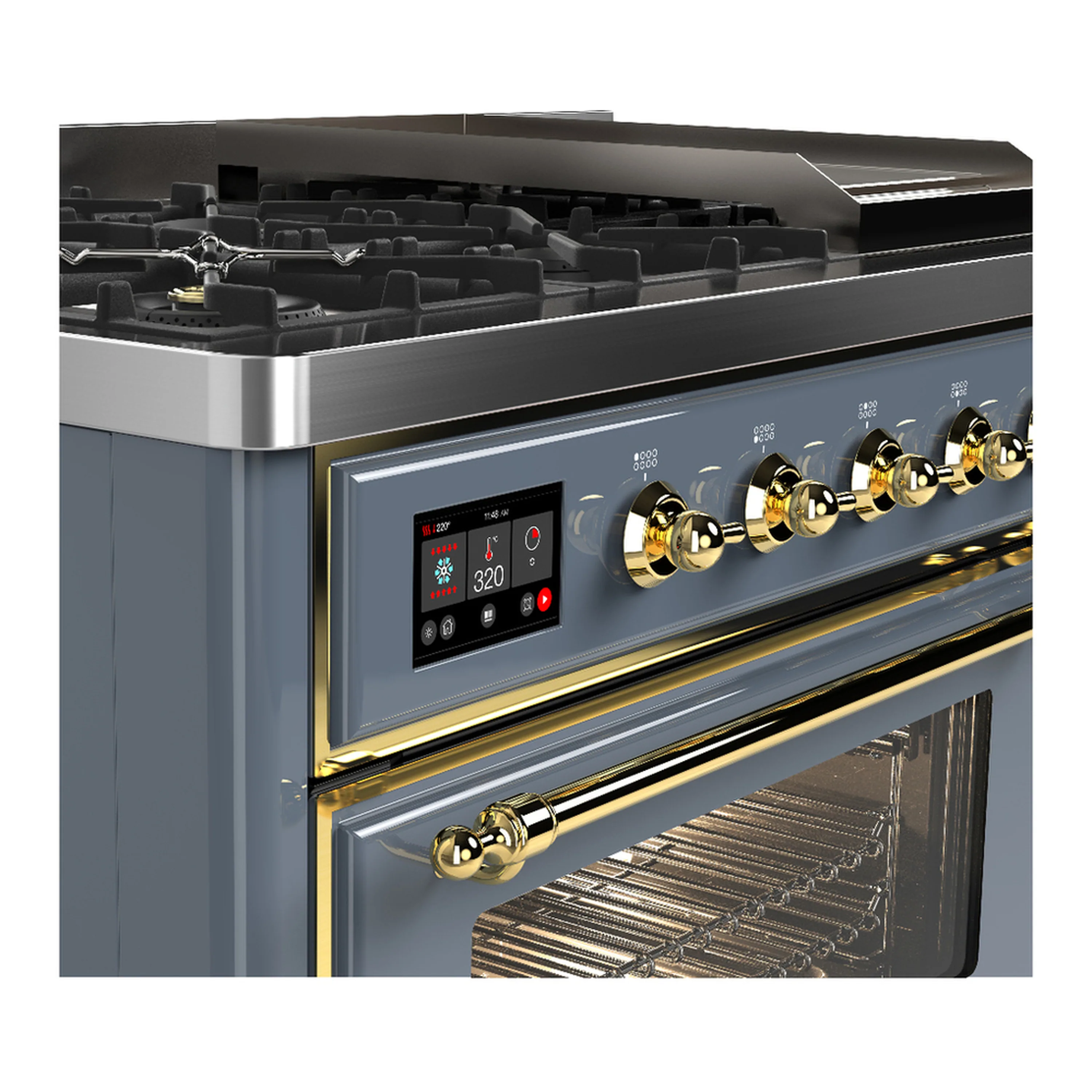 ILVE Majestic III 48-inch Dual Fuel Range with 5 Natural Gas Burner, Griddle and Triple Glass Door Electric Oven in Blue Grey with Brass Trim (UM48FNR3BGG) - Image 7