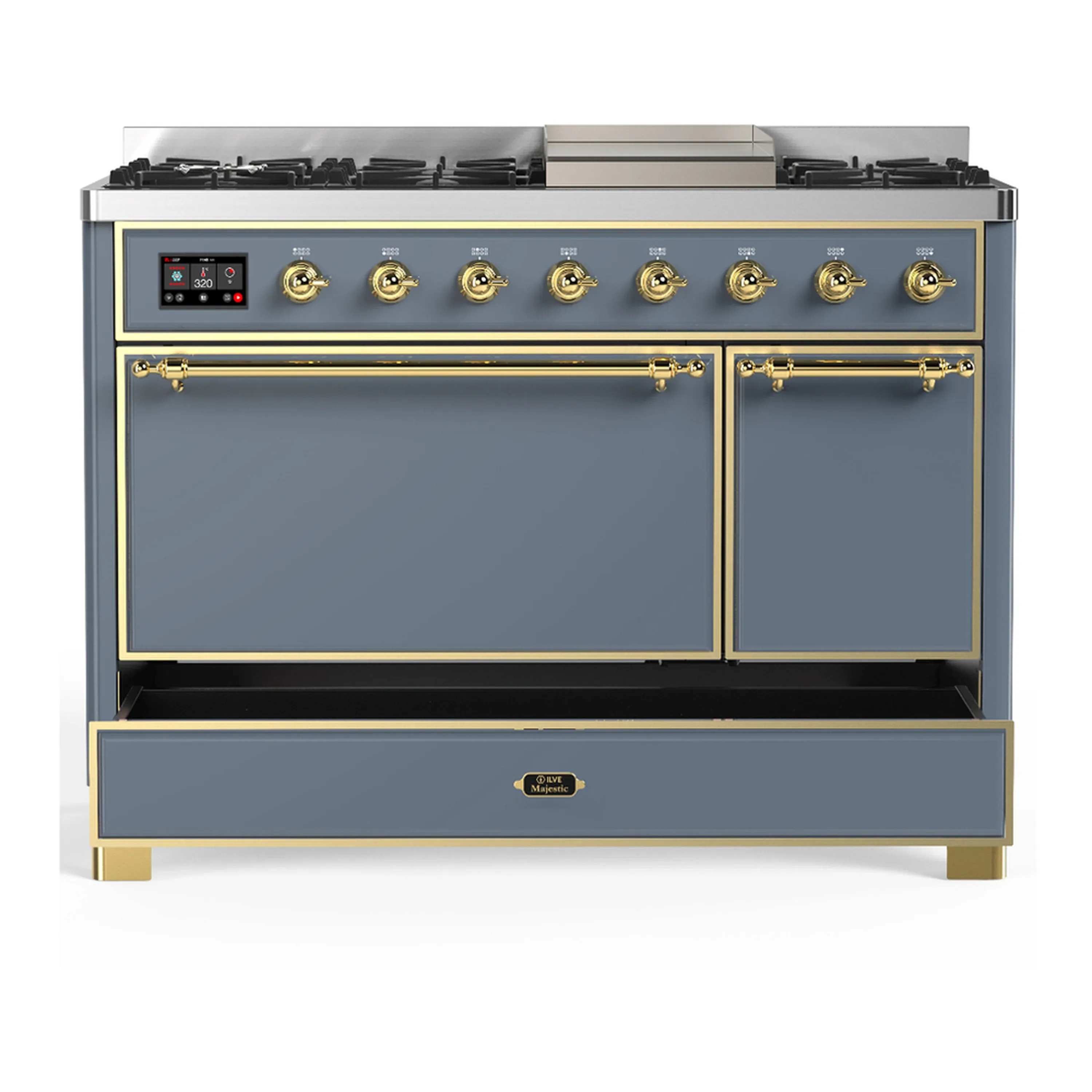 ILVE Majestic III 48-inch Dual Fuel Range with 5 Natural Gas Burner, Griddle and Solid Door Electric Oven in Blue Grey with Brass Trim (UM48FQNR3BGG) - Image 3