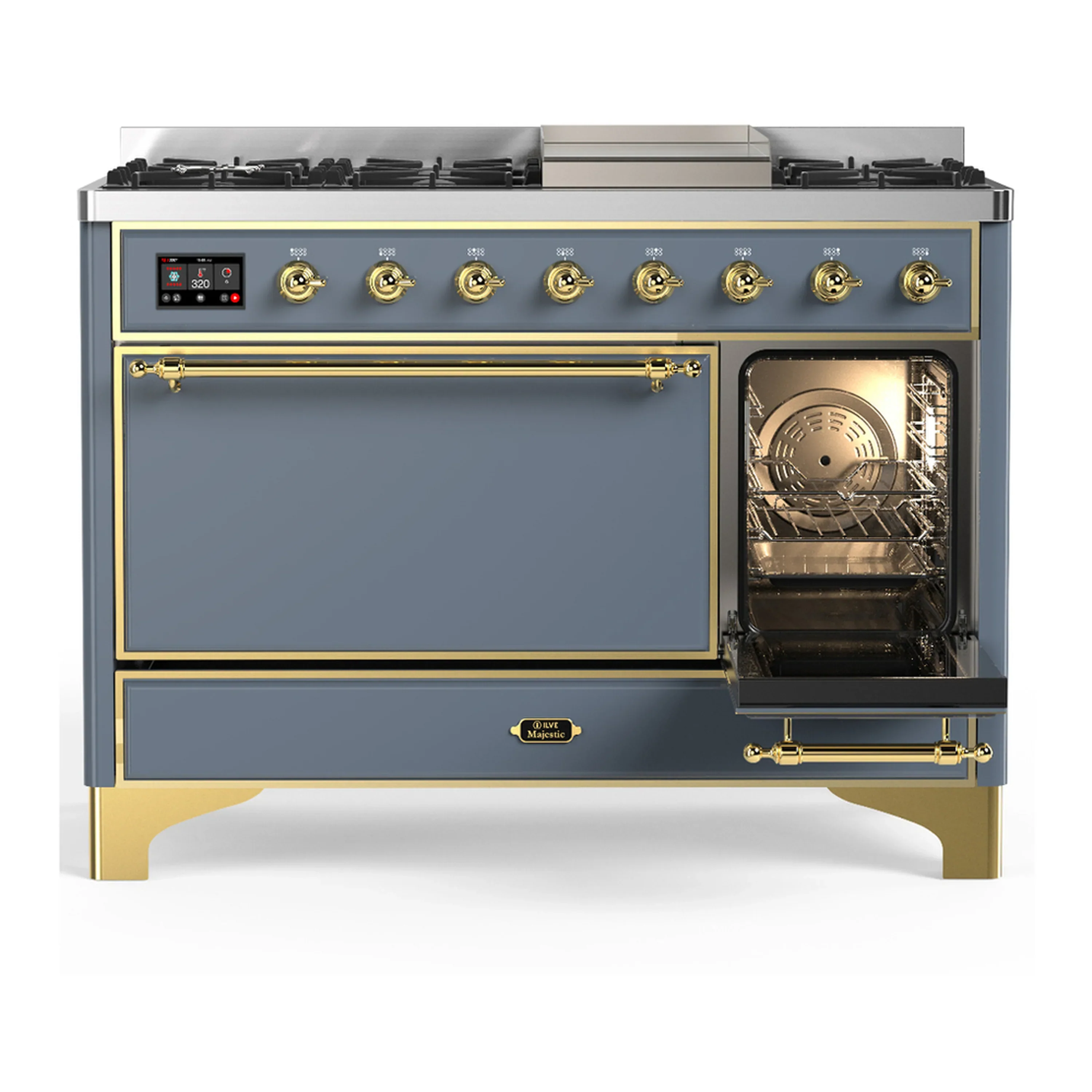 ILVE Majestic III 48-inch Dual Fuel Range with 5 Natural Gas Burner, Griddle and Solid Door Electric Oven in Blue Grey with Brass Trim (UM48FQNR3BGG) - Image 4
