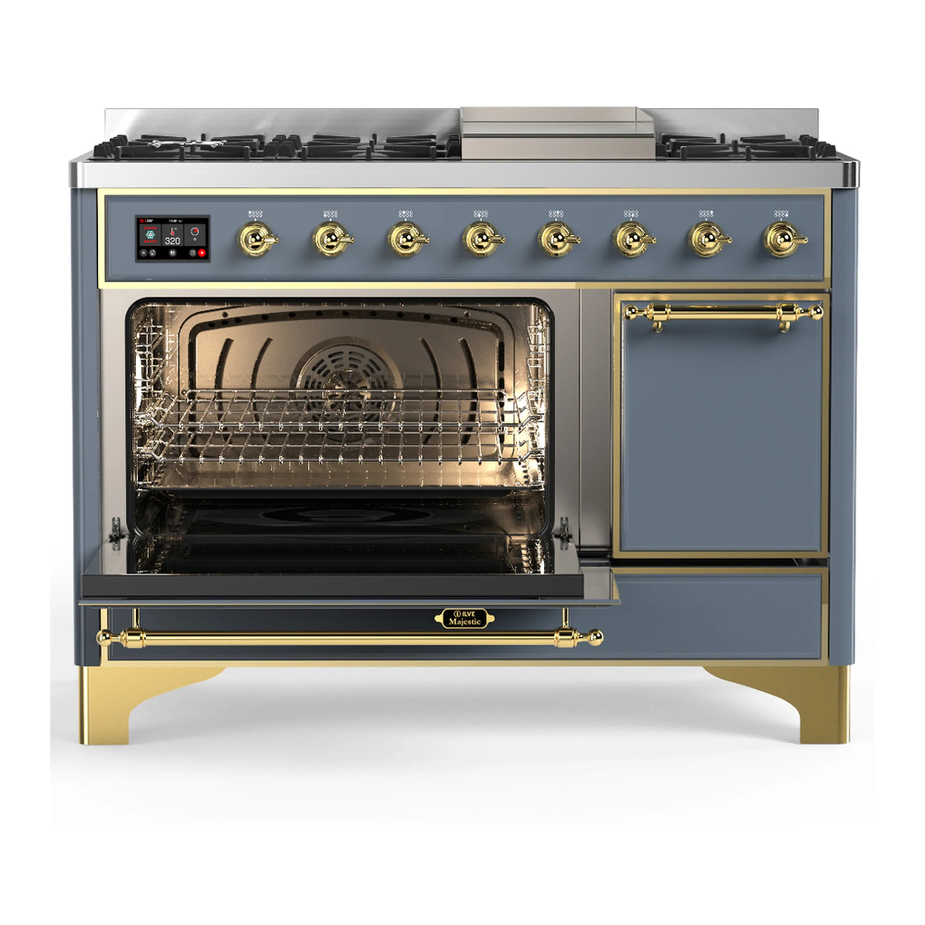 ILVE Majestic III 48-inch Dual Fuel Range with 5 Natural Gas Burner, Griddle and Solid Door Electric Oven in Blue Grey with Brass Trim (UM48FQNR3BGG) - Image 5