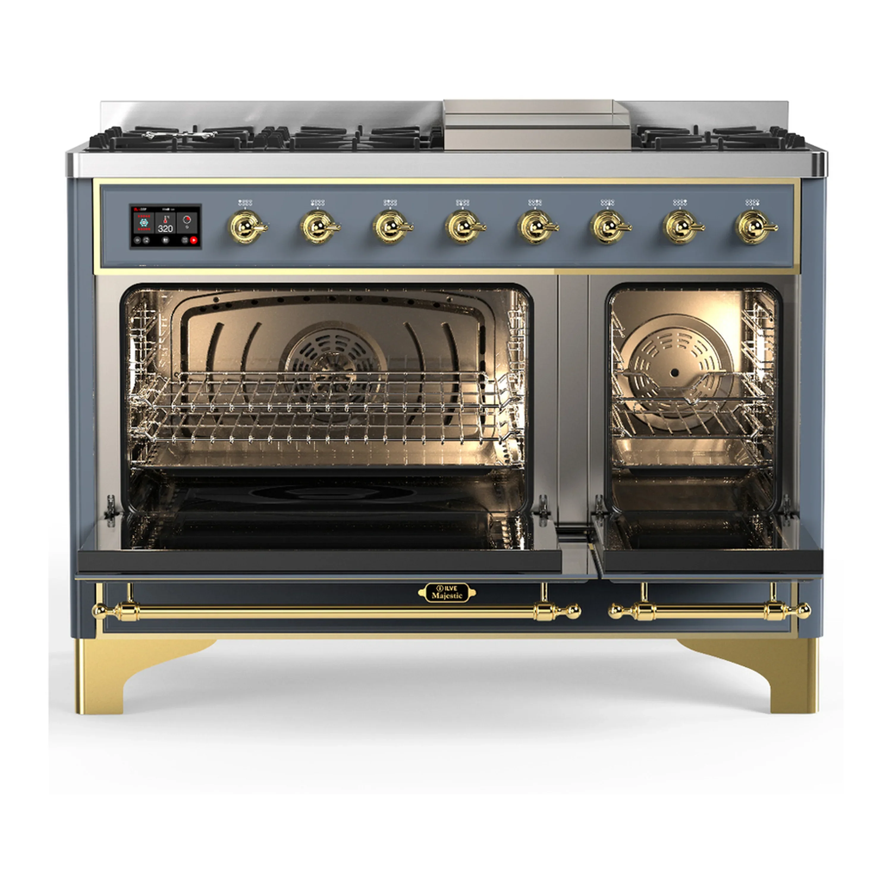 ILVE Majestic III 48-inch Dual Fuel Range with 5 Natural Gas Burner, Griddle and Solid Door Electric Oven in Blue Grey with Brass Trim (UM48FQNR3BGG) - Image 6