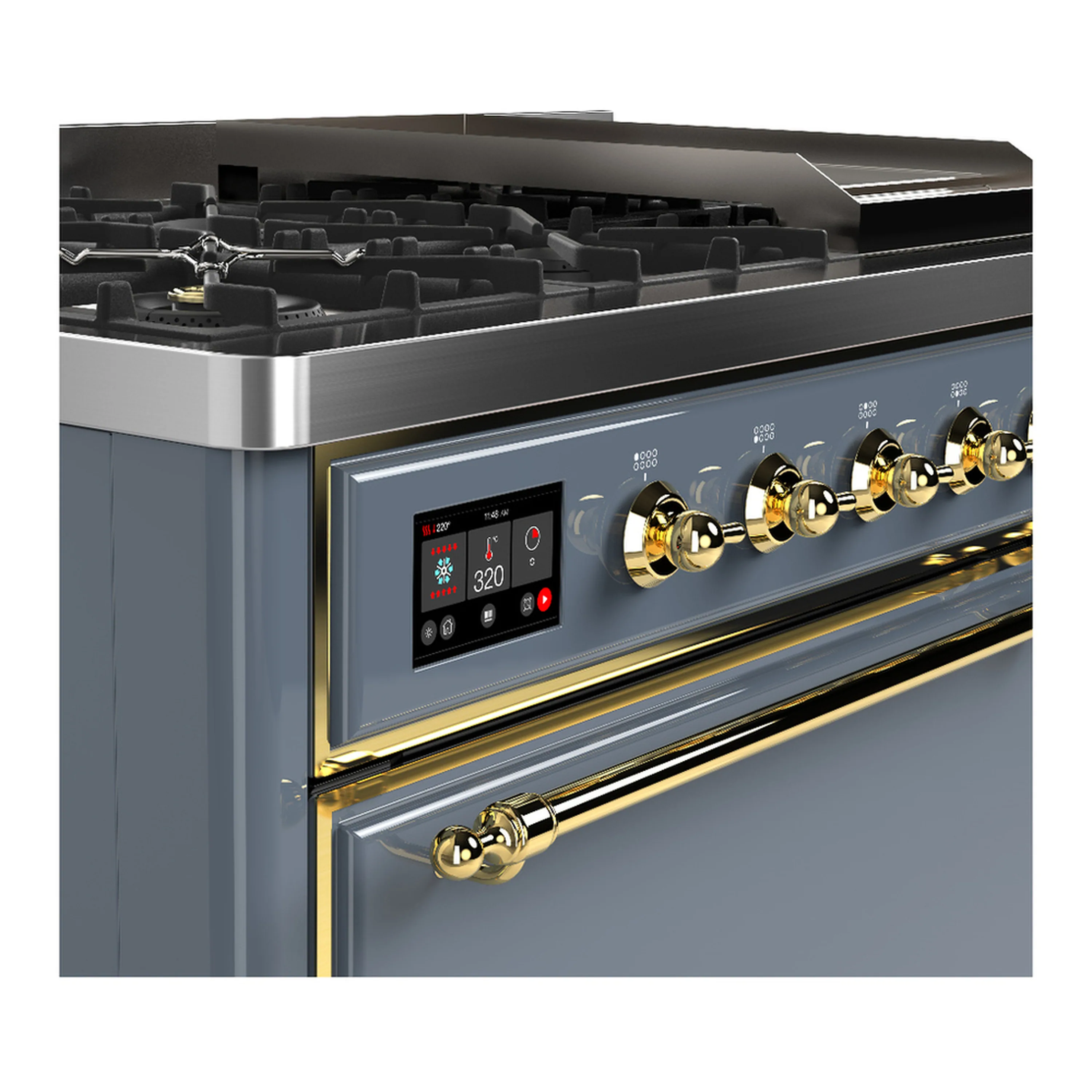 ILVE Majestic III 48-inch Dual Fuel Range with 5 Natural Gas Burner, Griddle and Solid Door Electric Oven in Blue Grey with Brass Trim (UM48FQNR3BGG) - Image 7