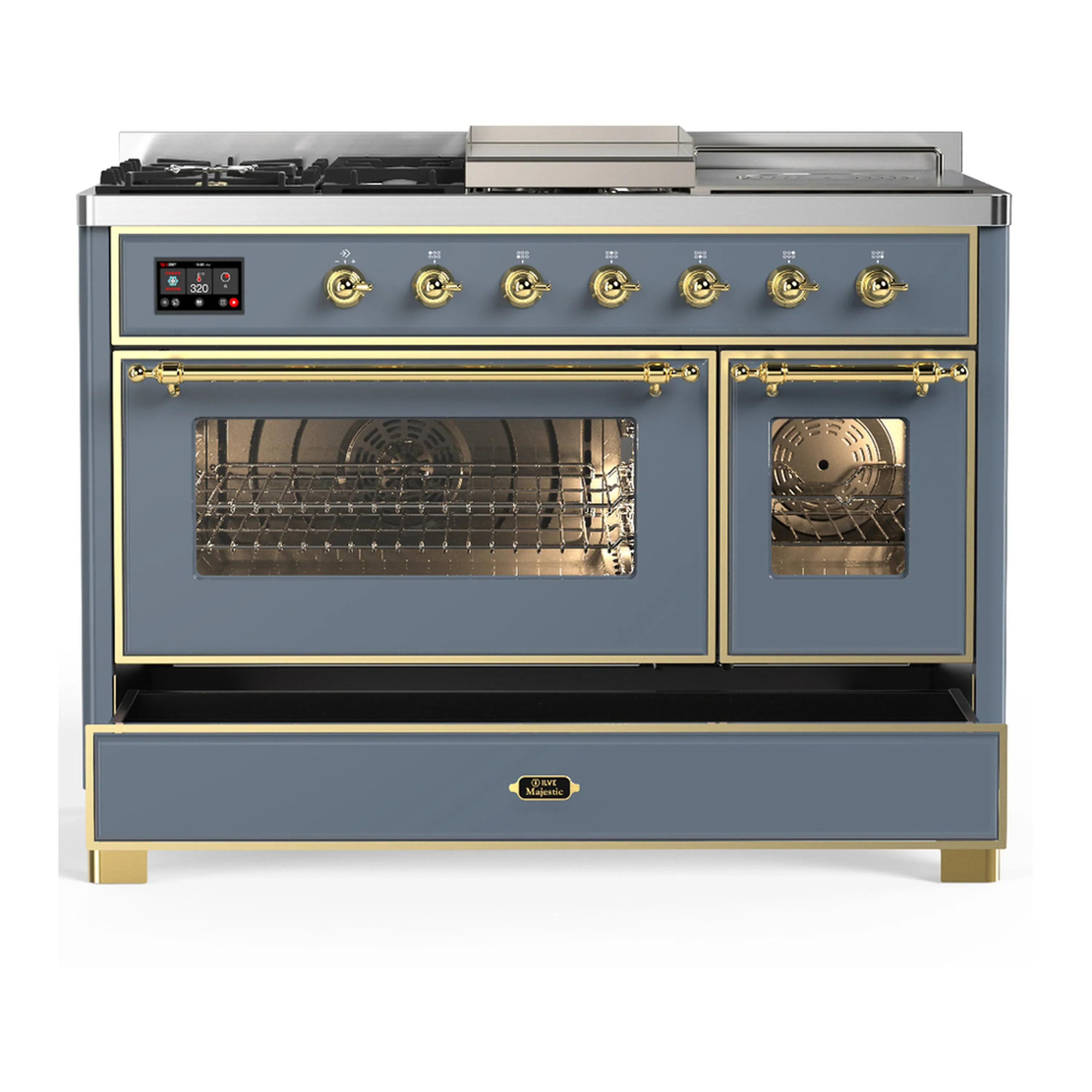 ILVE Majestic III 48-inch Dual Fuel Range with 5 Natural Gas Burner, Griddle, French Top and Triple Glass Door Electric Oven in Blue Grey with Brass Trim (UM48FSNR3BGG) - Image 3