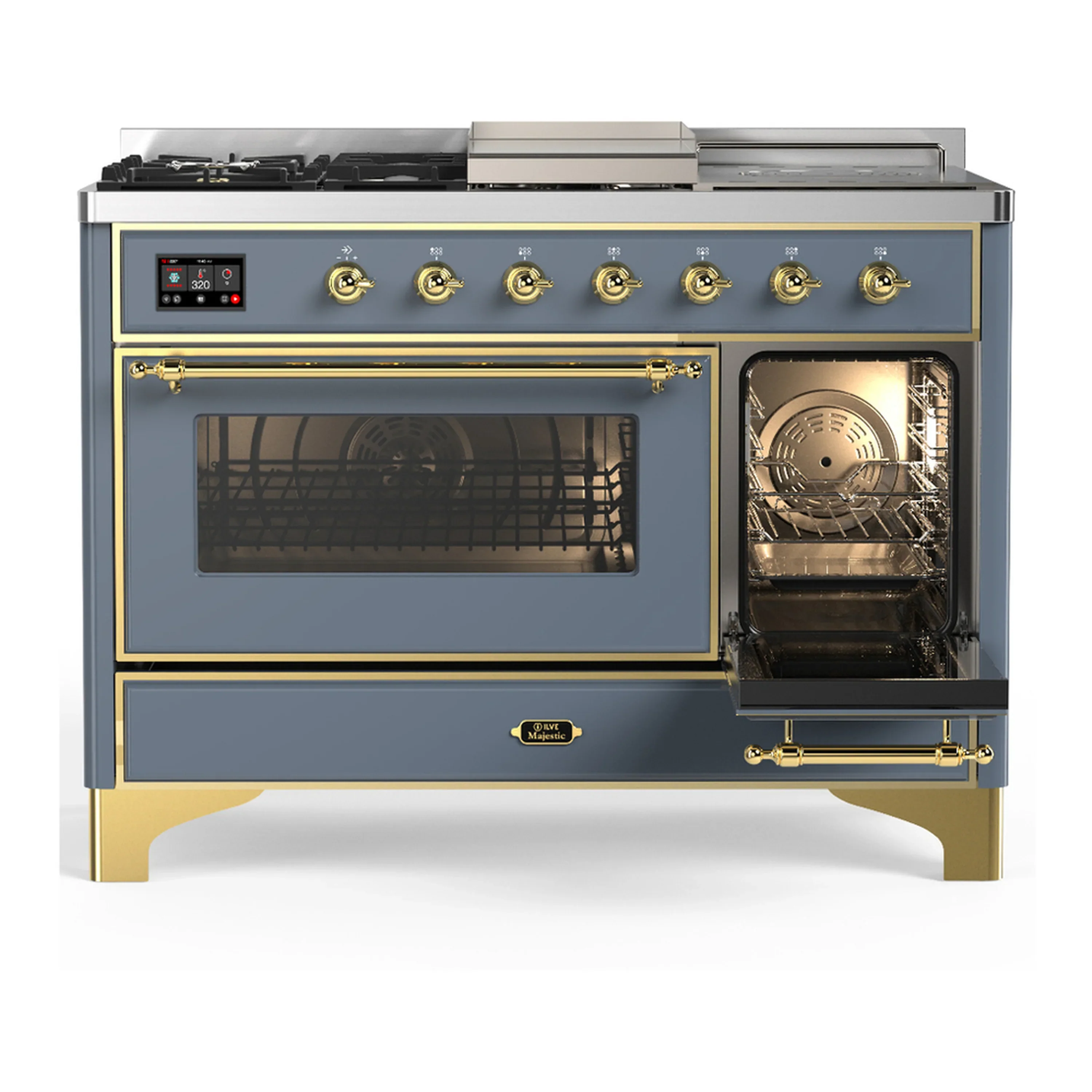 ILVE Majestic III 48-inch Dual Fuel Range with 5 Natural Gas Burner, Griddle, French Top and Triple Glass Door Electric Oven in Blue Grey with Brass Trim (UM48FSNR3BGG) - Image 4