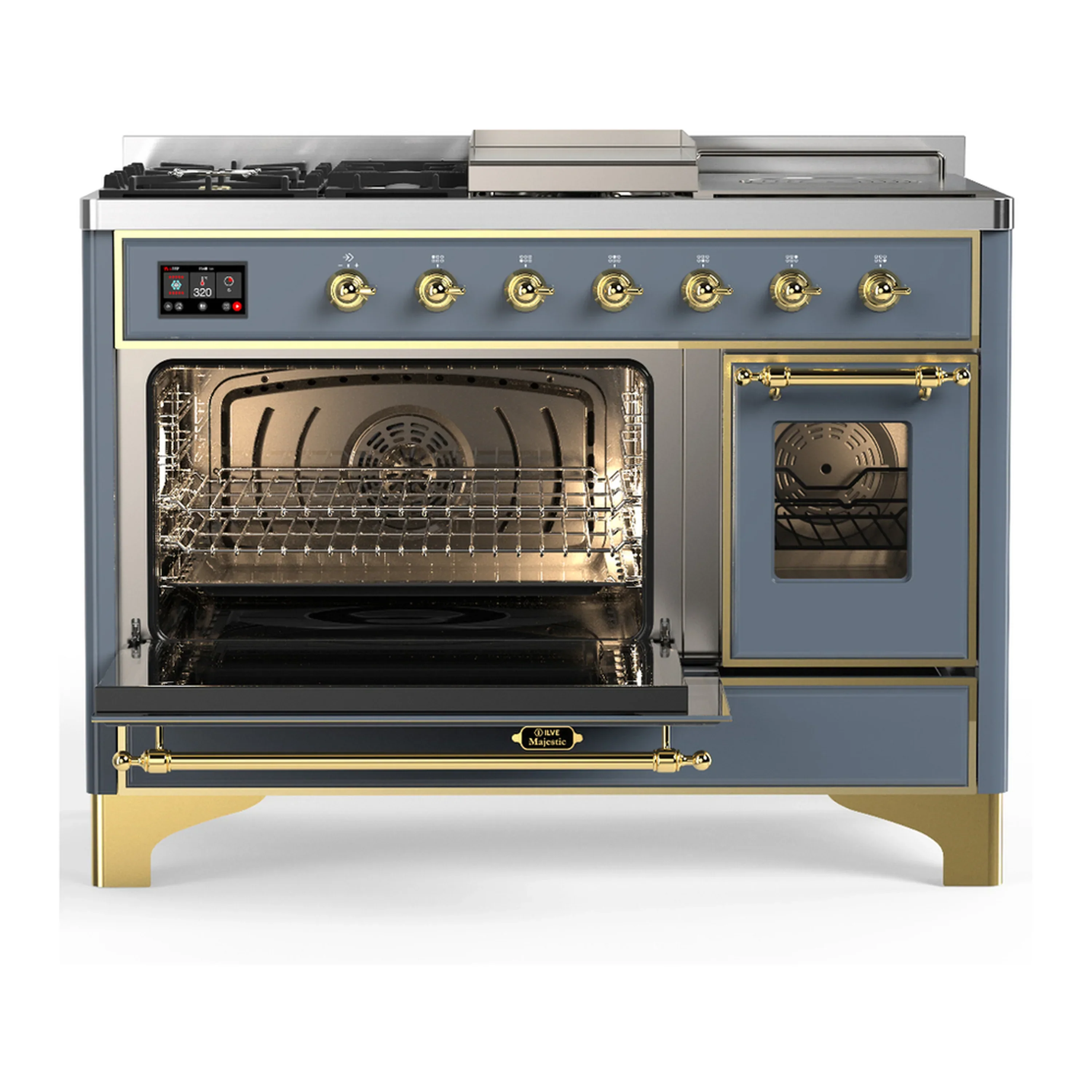 ILVE Majestic III 48-inch Dual Fuel Range with 5 Natural Gas Burner, Griddle, French Top and Triple Glass Door Electric Oven in Blue Grey with Brass Trim (UM48FSNR3BGG) - Image 5