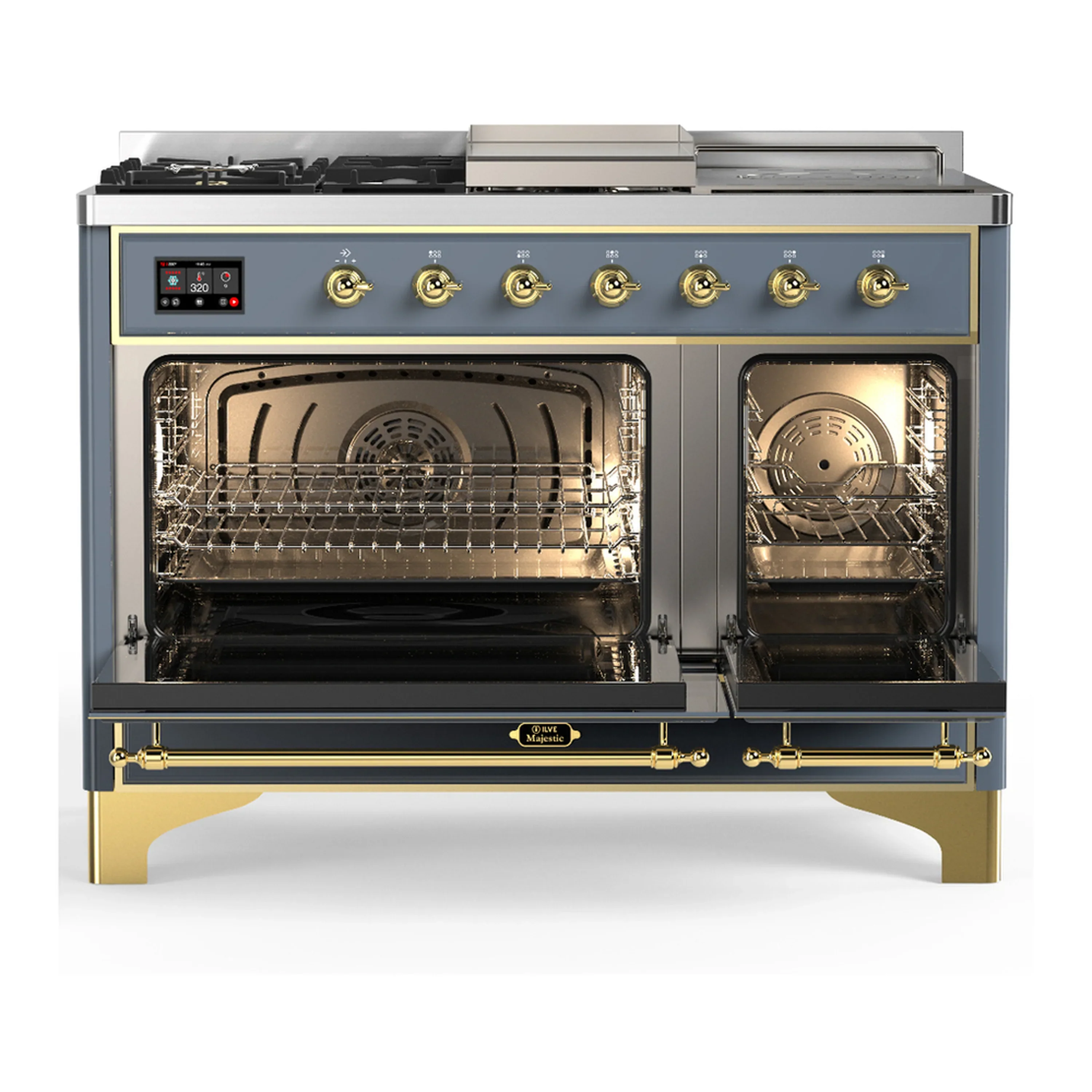 ILVE Majestic III 48-inch Dual Fuel Range with 5 Natural Gas Burner, Griddle, French Top and Triple Glass Door Electric Oven in Blue Grey with Brass Trim (UM48FSNR3BGG) - Image 6