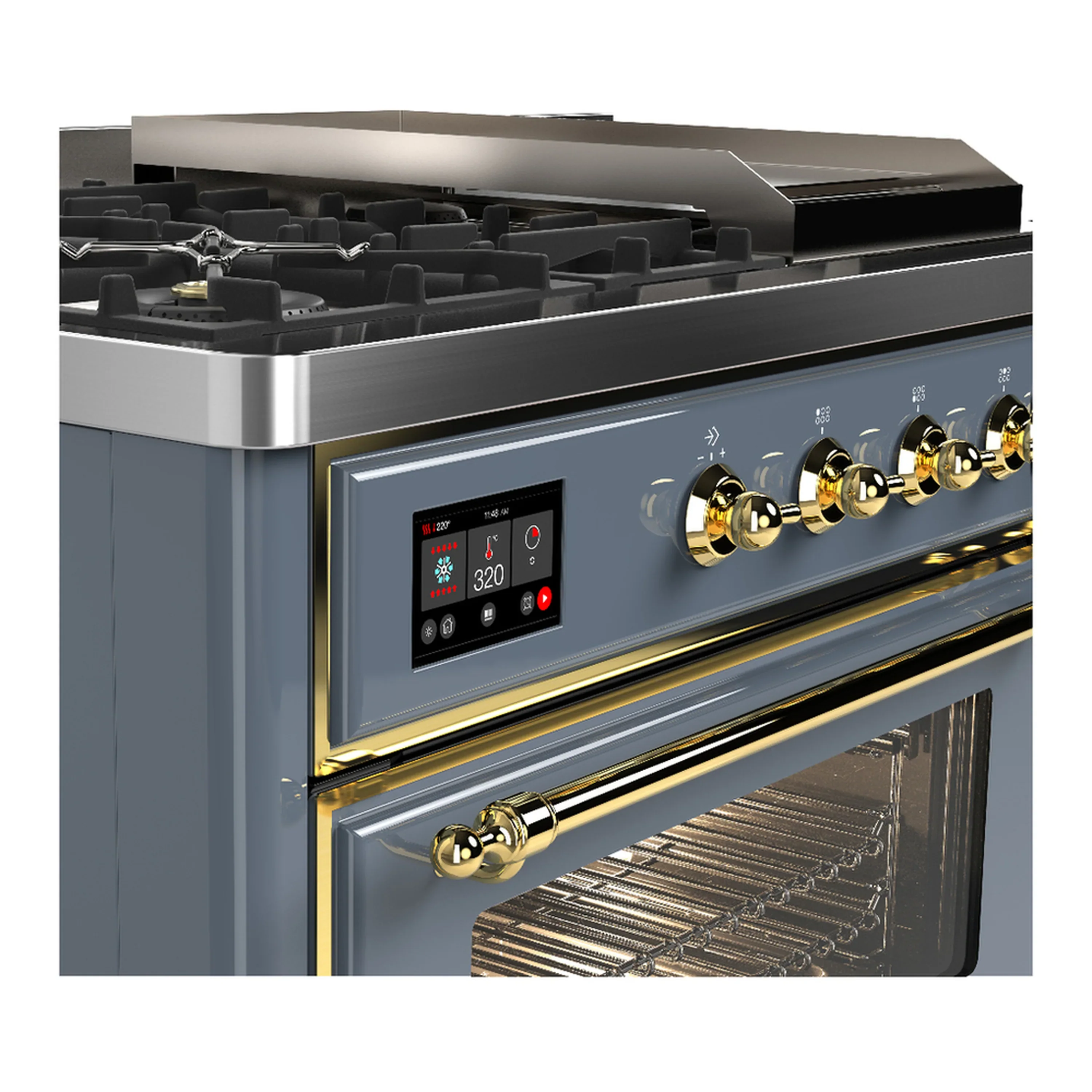 ILVE Majestic III 48-inch Dual Fuel Range with 5 Natural Gas Burner, Griddle, French Top and Triple Glass Door Electric Oven in Blue Grey with Brass Trim (UM48FSNR3BGG) - Image 7