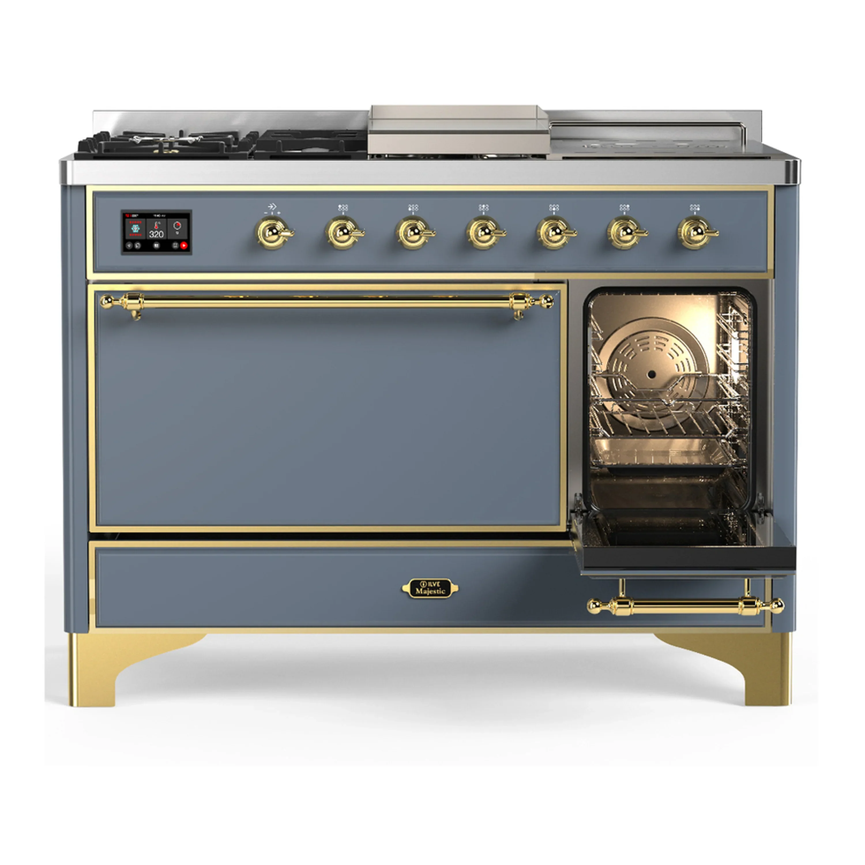 ILVE Majestic III 48-inch Dual Fuel Range with 5 Natural Gas Burner, Griddle, French Top and Solid Door Electric Oven in Blue Grey with Brass Trim (UM48FSQNR3BGG) - Image 4