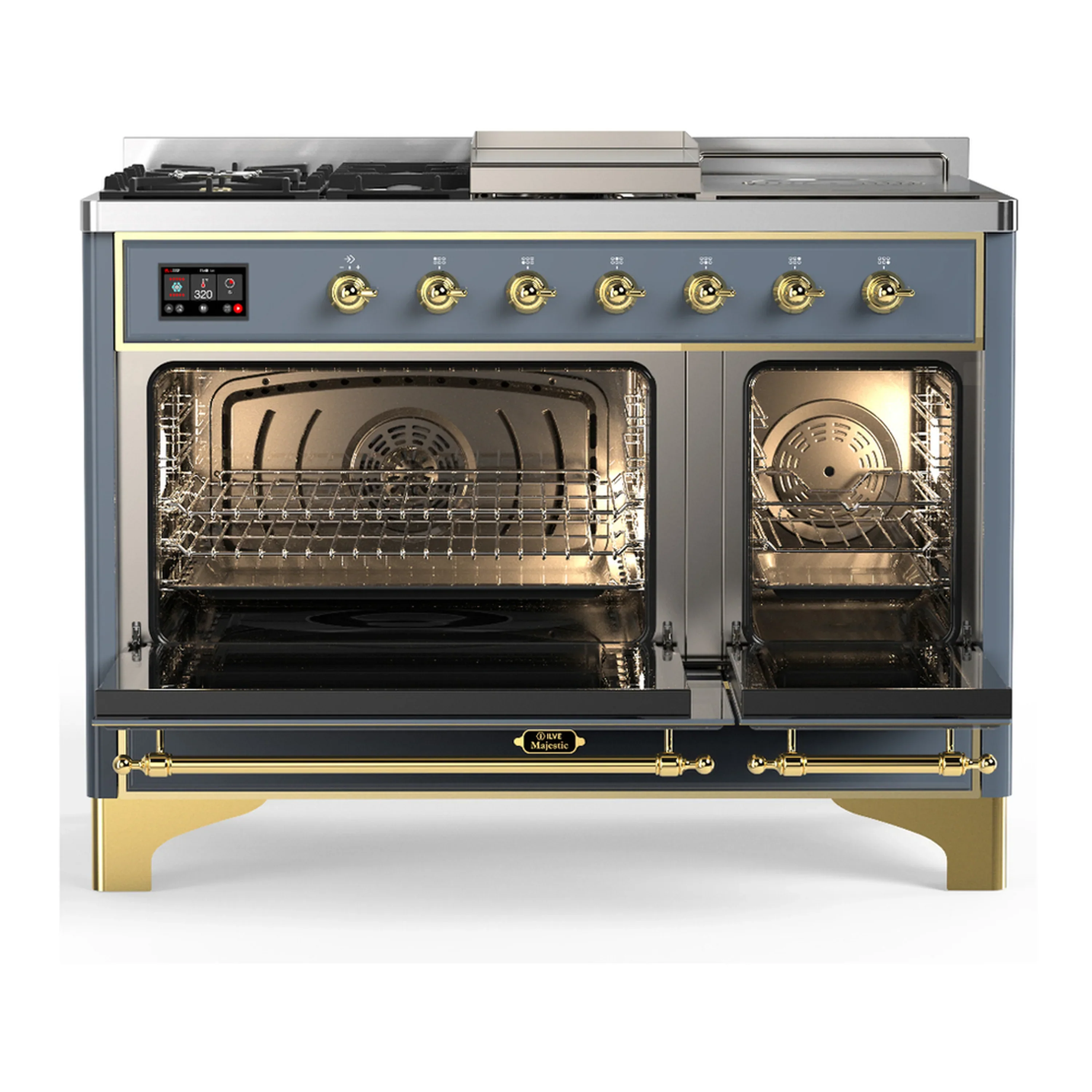 ILVE Majestic III 48-inch Dual Fuel Range with 5 Natural Gas Burner, Griddle, French Top and Solid Door Electric Oven in Blue Grey with Brass Trim (UM48FSQNR3BGG) - Image 6