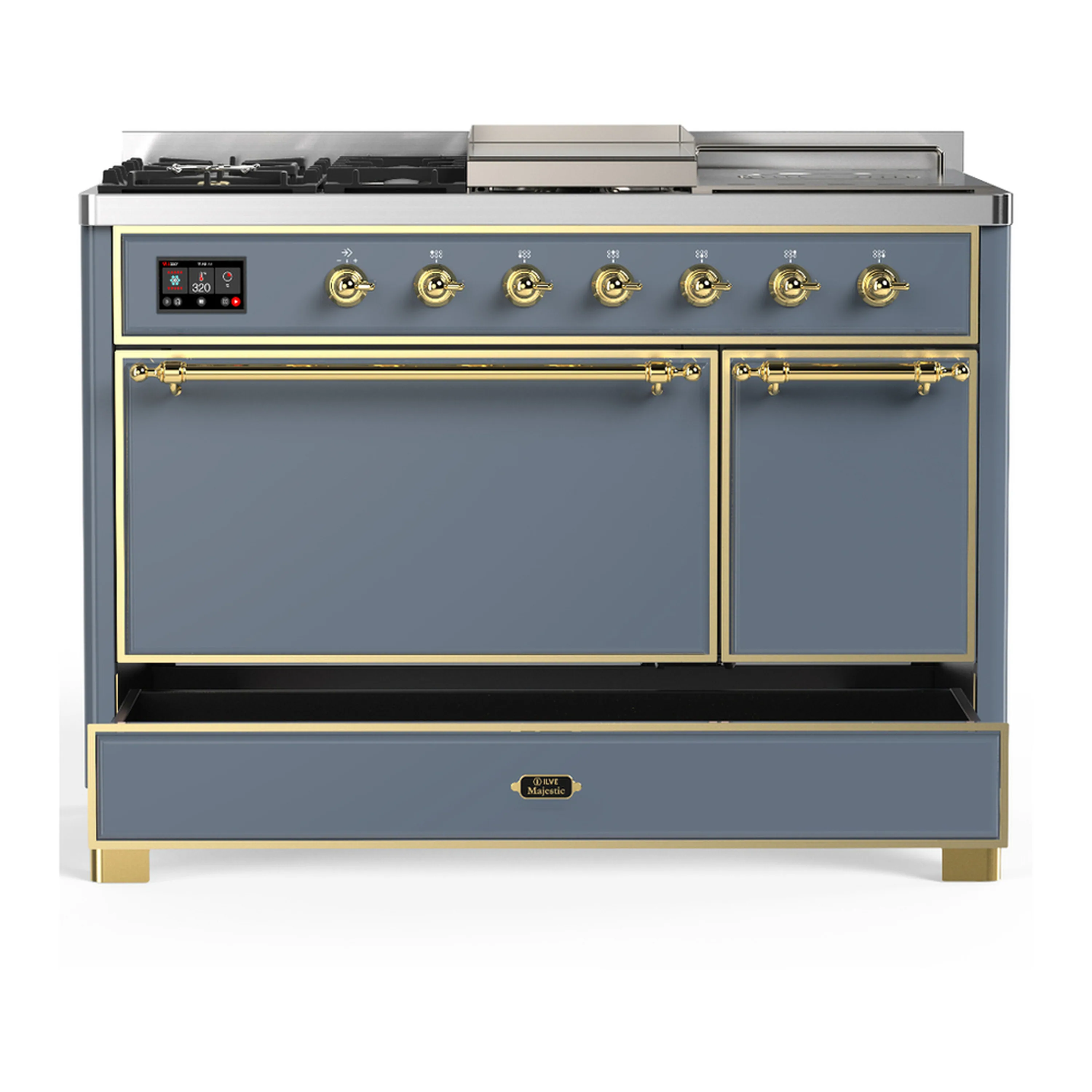 ILVE Majestic III 48-inch Dual Fuel Range with 5 Liquid Propane Burner, Griddle, French Top and Solid Door Electric Oven in Blue Grey with Brass Trim (UM48FSQNR3BGGLP) - Image 3