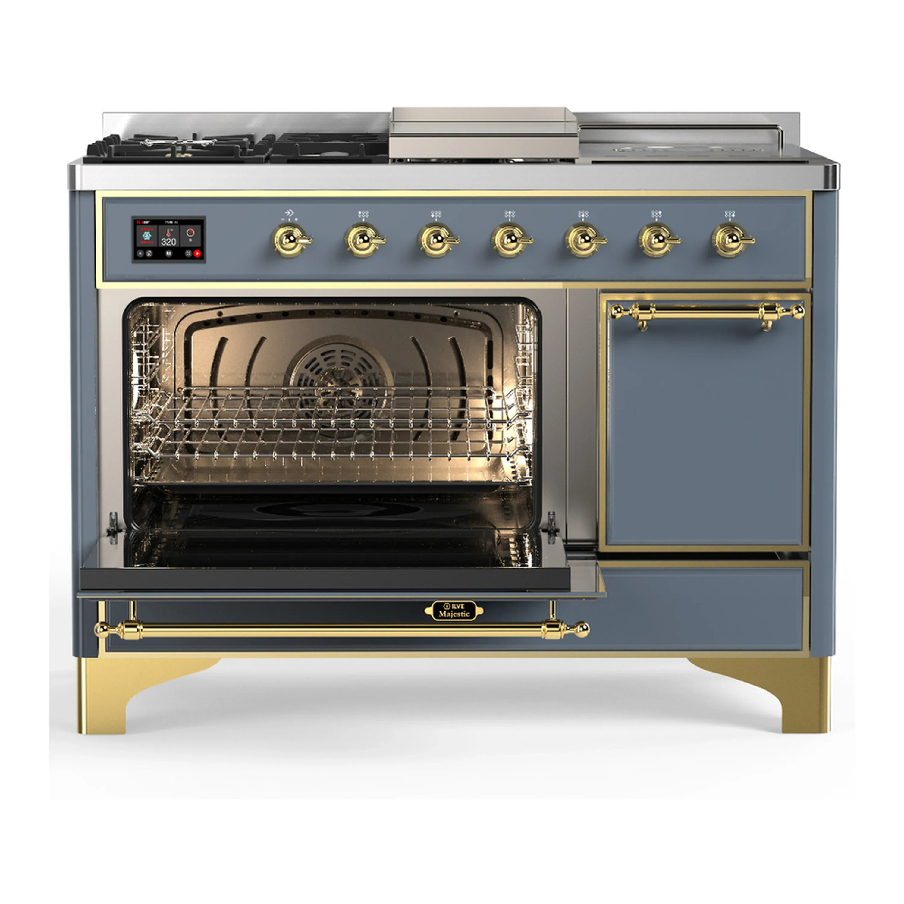 ILVE Majestic III 48-inch Dual Fuel Range with 5 Liquid Propane Burner, Griddle, French Top and Solid Door Electric Oven in Blue Grey with Brass Trim (UM48FSQNR3BGGLP) - Image 5