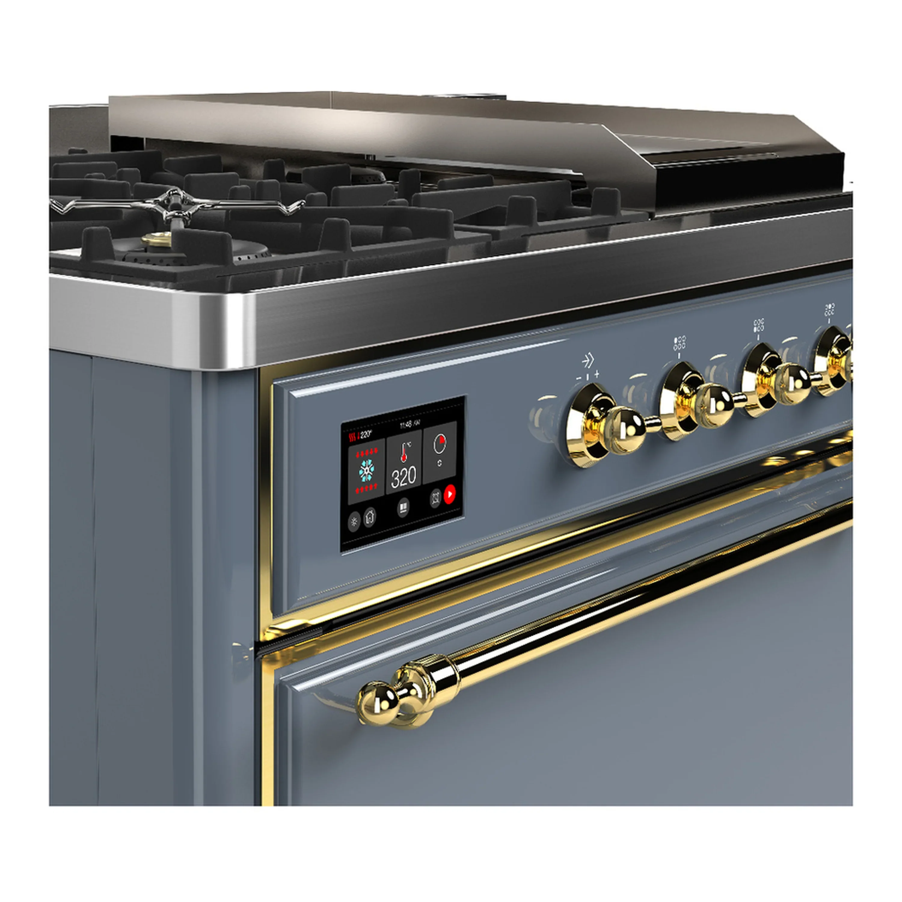 ILVE Majestic III 48-inch Dual Fuel Range with 5 Liquid Propane Burner, Griddle, French Top and Solid Door Electric Oven in Blue Grey with Brass Trim (UM48FSQNR3BGGLP) - Image 7