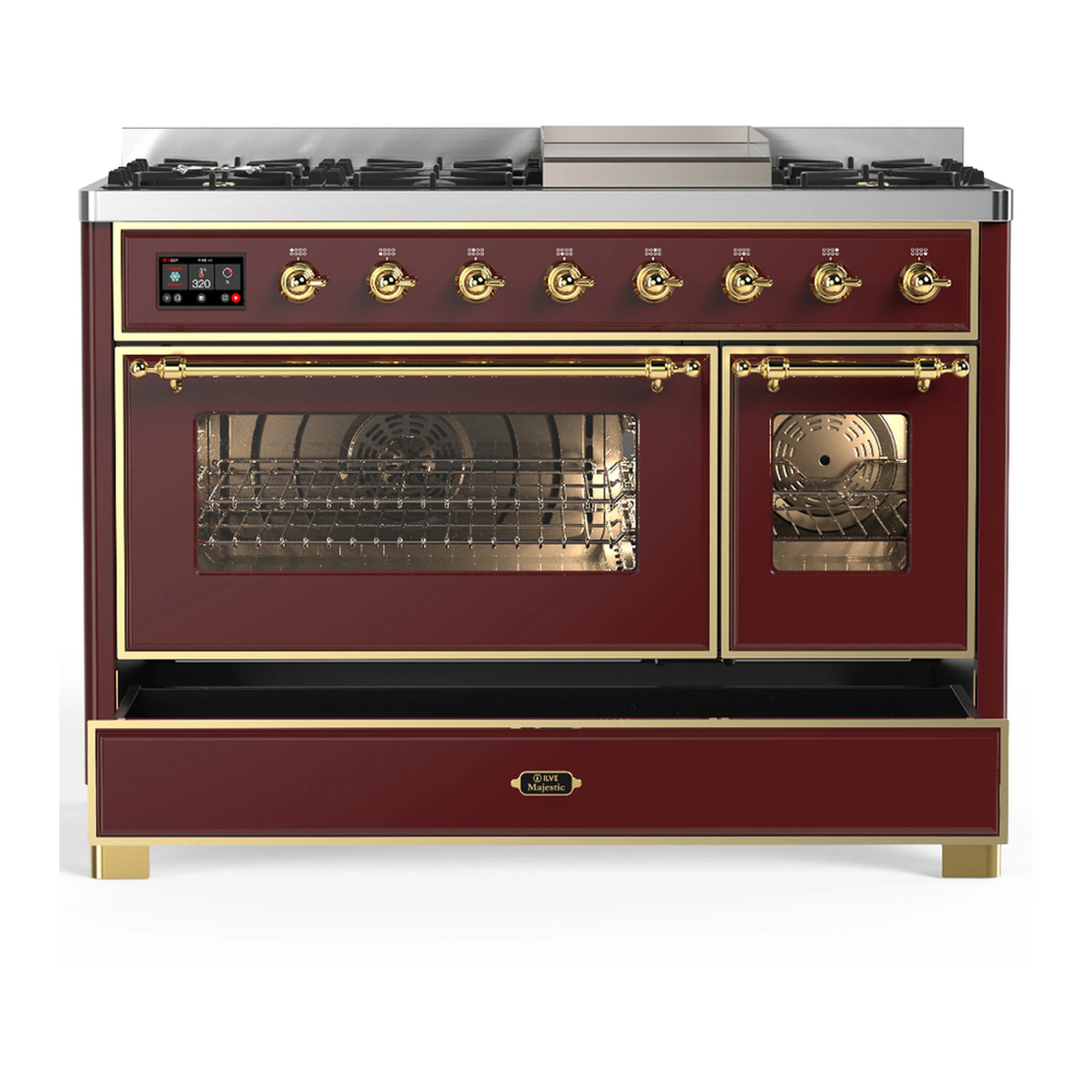 ILVE Majestic III 48-inch Dual Fuel Range with 5 Natural Gas Burner, Griddle and Triple Glass Door Electric Oven in Burgundy with Brass Trim (UM48FNR3BUG) - Image 3