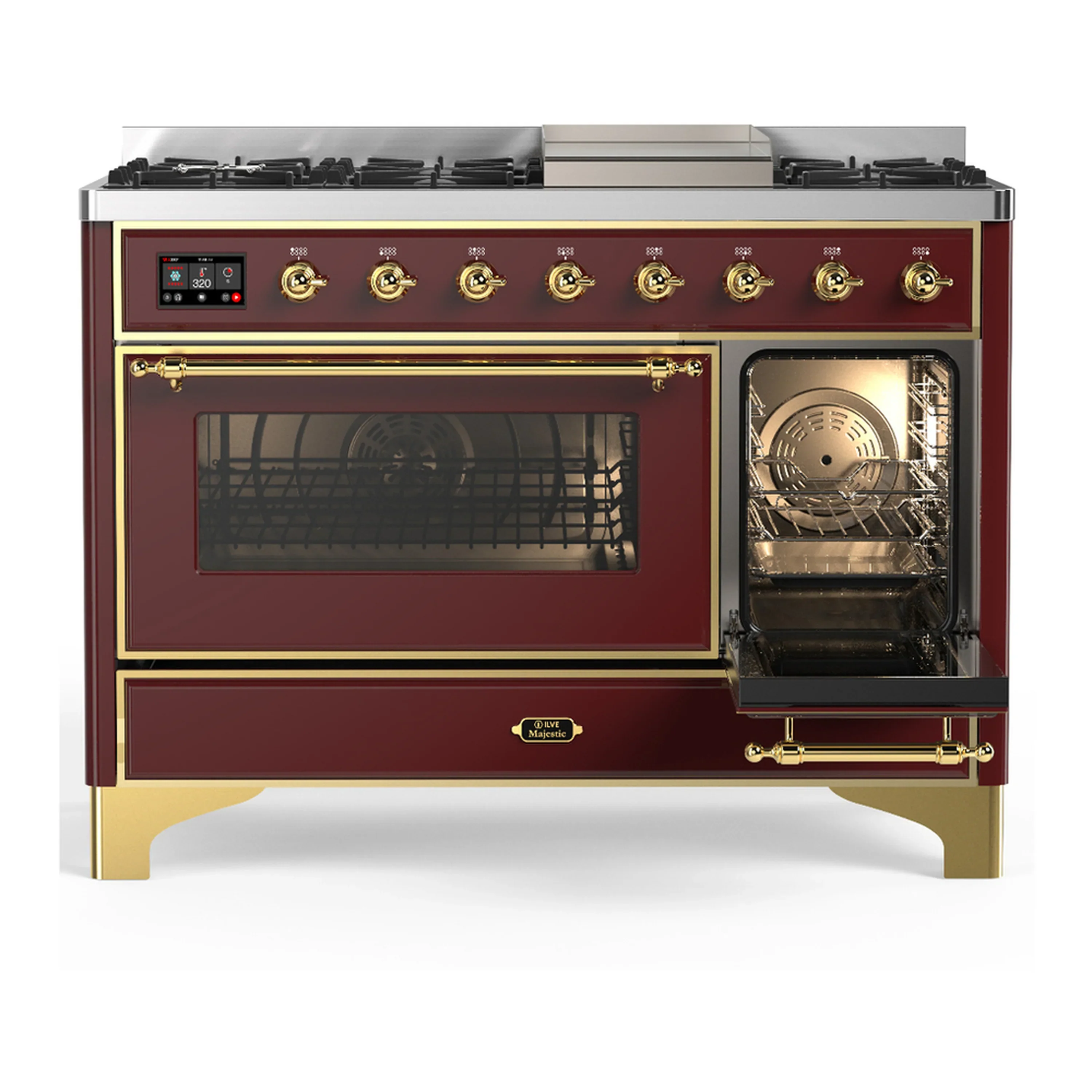 ILVE Majestic III 48-inch Dual Fuel Range with 5 Natural Gas Burner, Griddle and Triple Glass Door Electric Oven in Burgundy with Brass Trim (UM48FNR3BUG) - Image 4