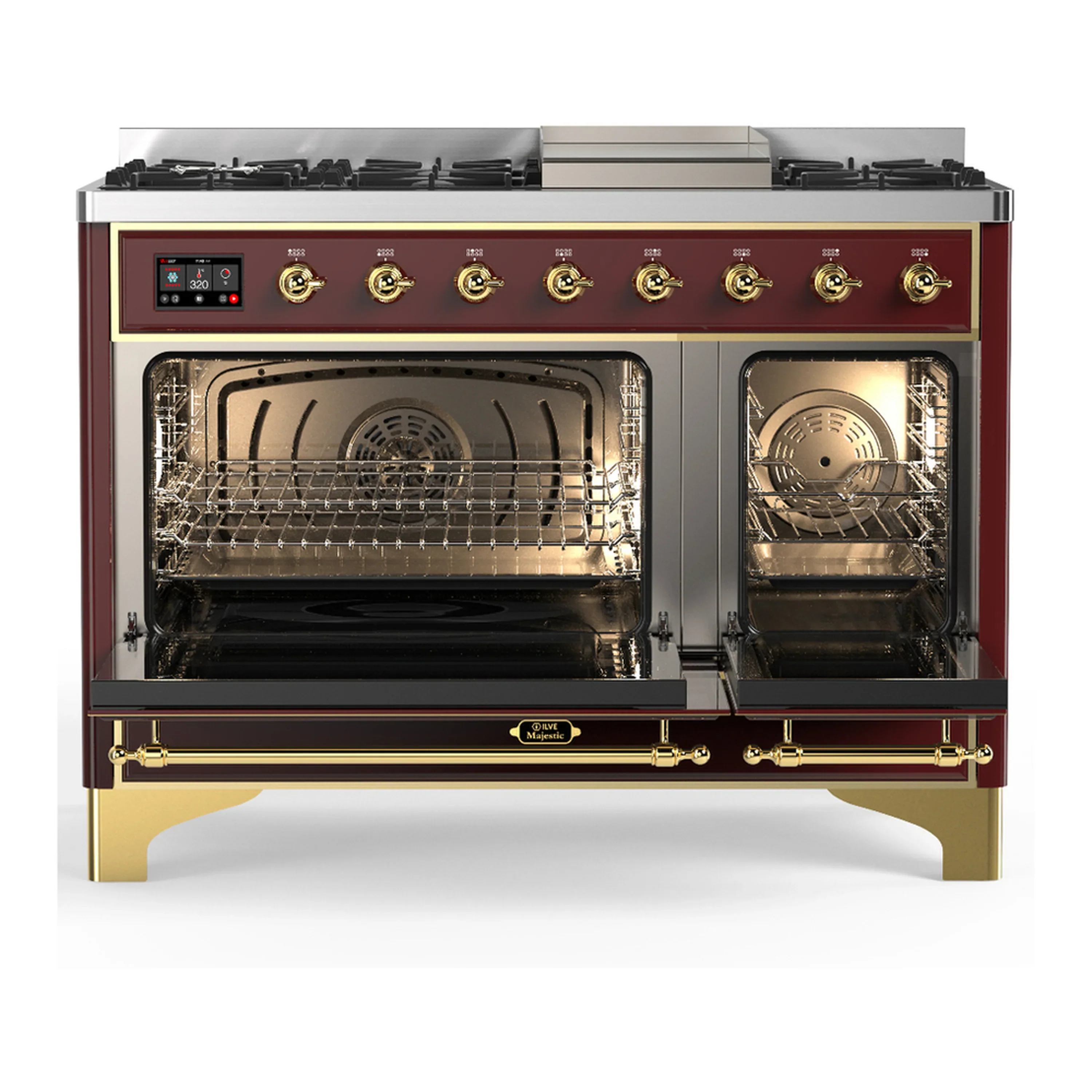 ILVE Majestic III 48-inch Dual Fuel Range with 5 Natural Gas Burner, Griddle and Triple Glass Door Electric Oven in Burgundy with Brass Trim (UM48FNR3BUG) - Image 6