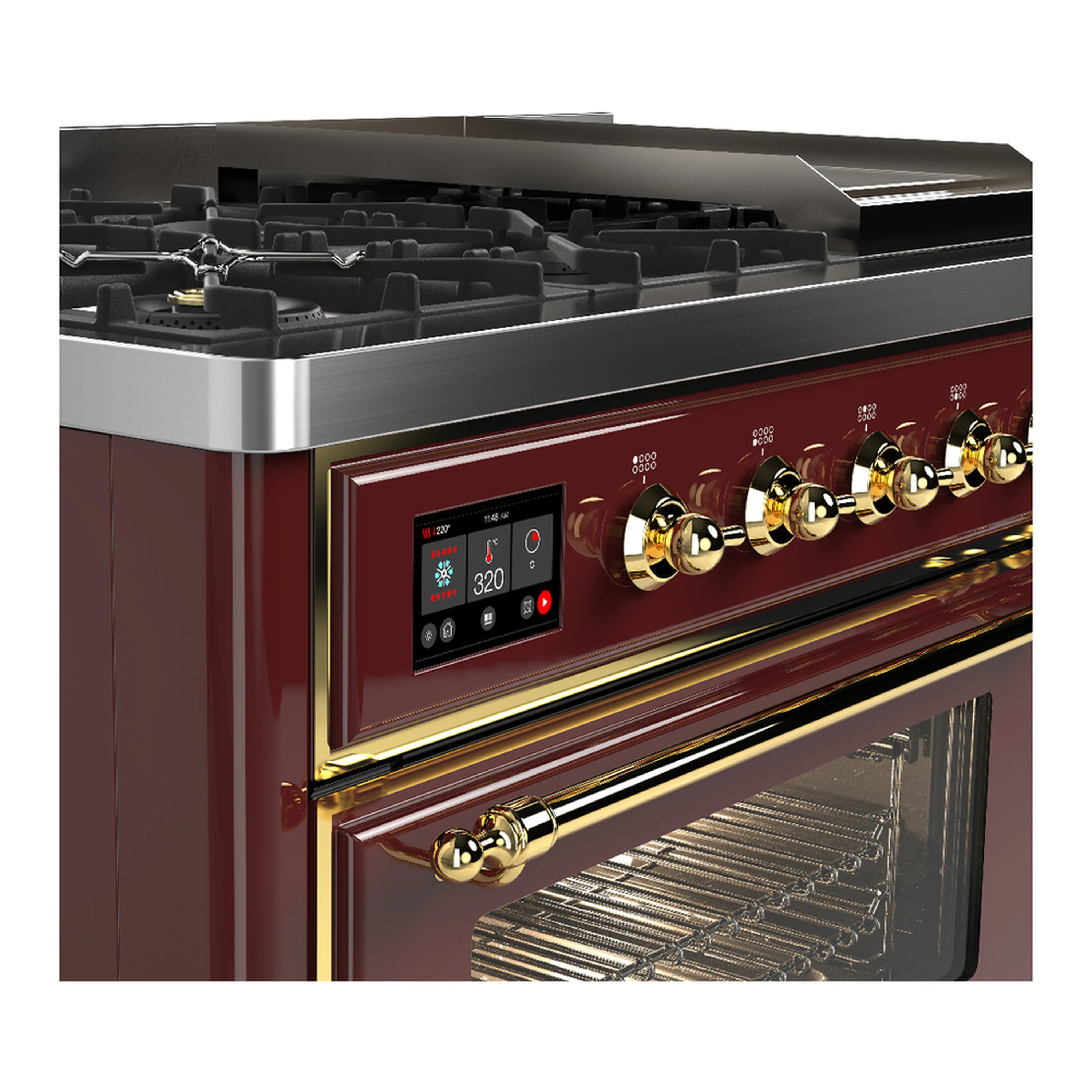 ILVE Majestic III 48-inch Dual Fuel Range with 5 Natural Gas Burner, Griddle and Triple Glass Door Electric Oven in Burgundy with Brass Trim (UM48FNR3BUG) - Image 7