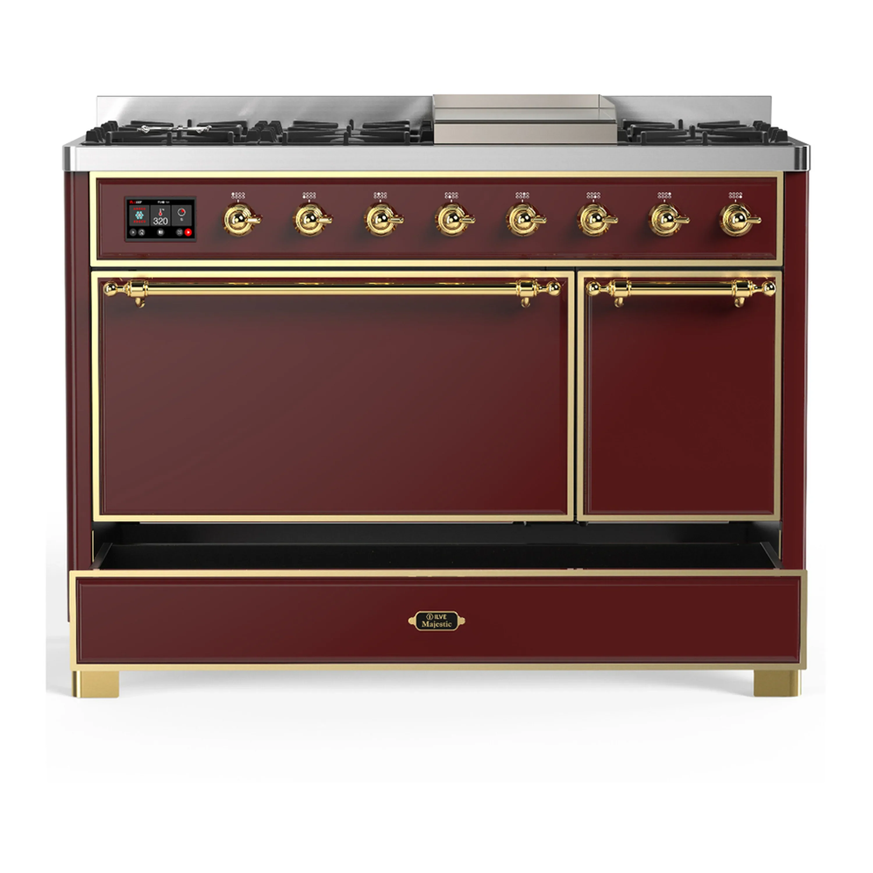 ILVE Majestic III 48-inch Dual Fuel Range with 5 Natural Gas Burner, Griddle and Solid Door Electric Oven in Burgundy with Brass Trim (UM48FQNR3BUG) - Image 3