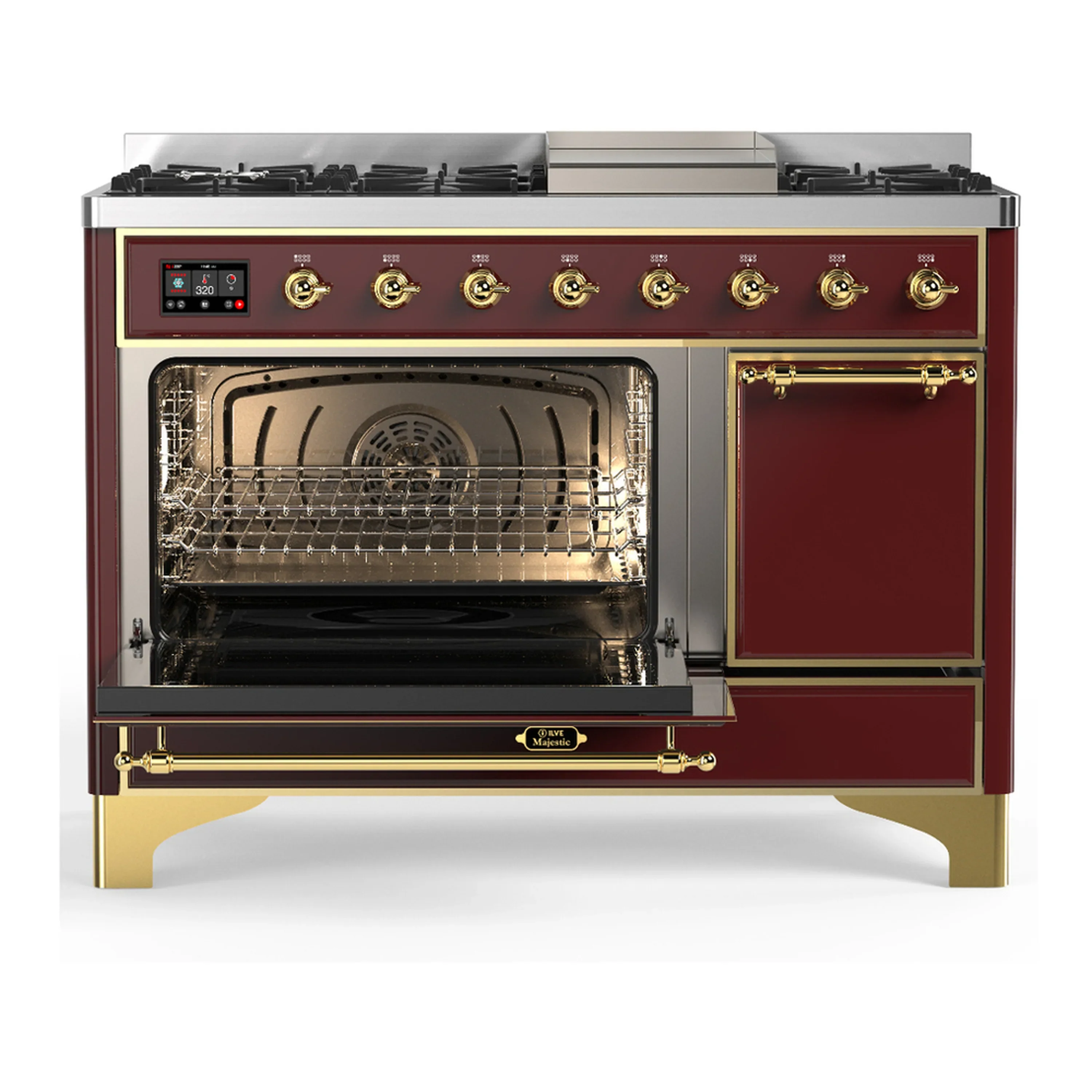 ILVE Majestic III 48-inch Dual Fuel Range with 5 Natural Gas Burner, Griddle and Solid Door Electric Oven in Burgundy with Brass Trim (UM48FQNR3BUG) - Image 5