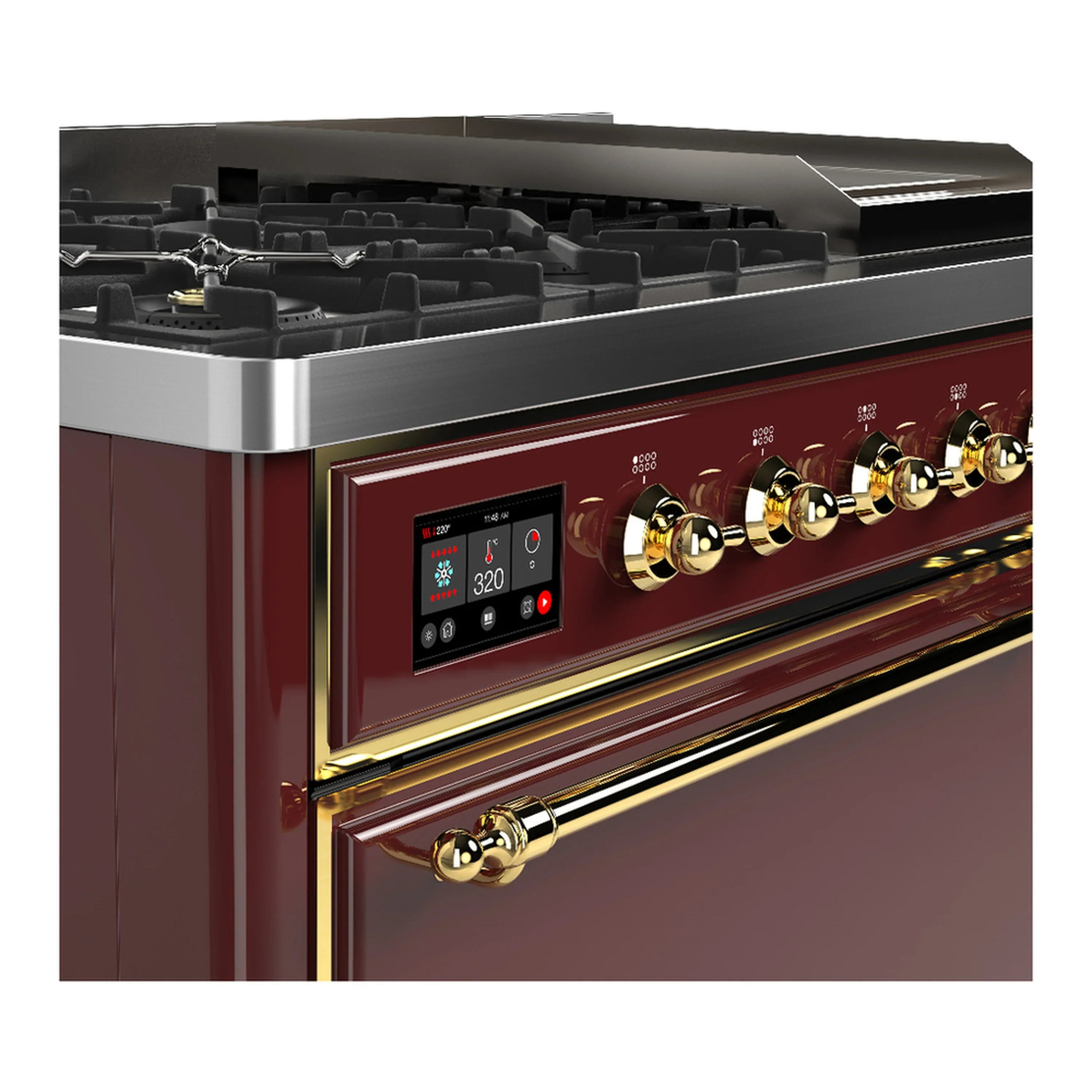 ILVE Majestic III 48-inch Dual Fuel Range with 5 Natural Gas Burner, Griddle and Solid Door Electric Oven in Burgundy with Brass Trim (UM48FQNR3BUG) - Image 7