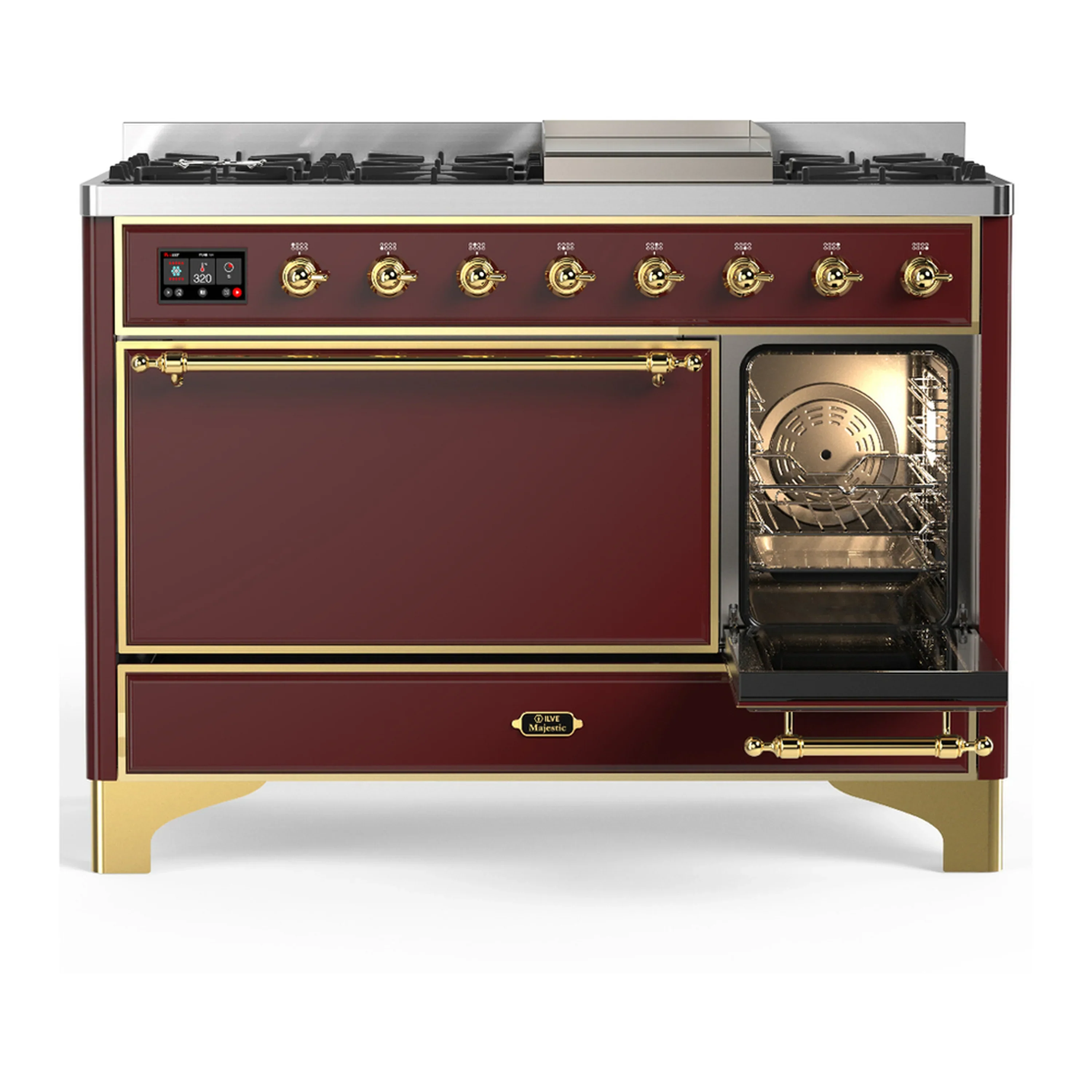 ILVE Majestic III 48-inch Dual Fuel Range with 5 Liquid Propane Burner, Griddle and Solid Door Electric Oven in Burgundy with Brass Trim (UM48FQNR3BUGLP) - Image 4