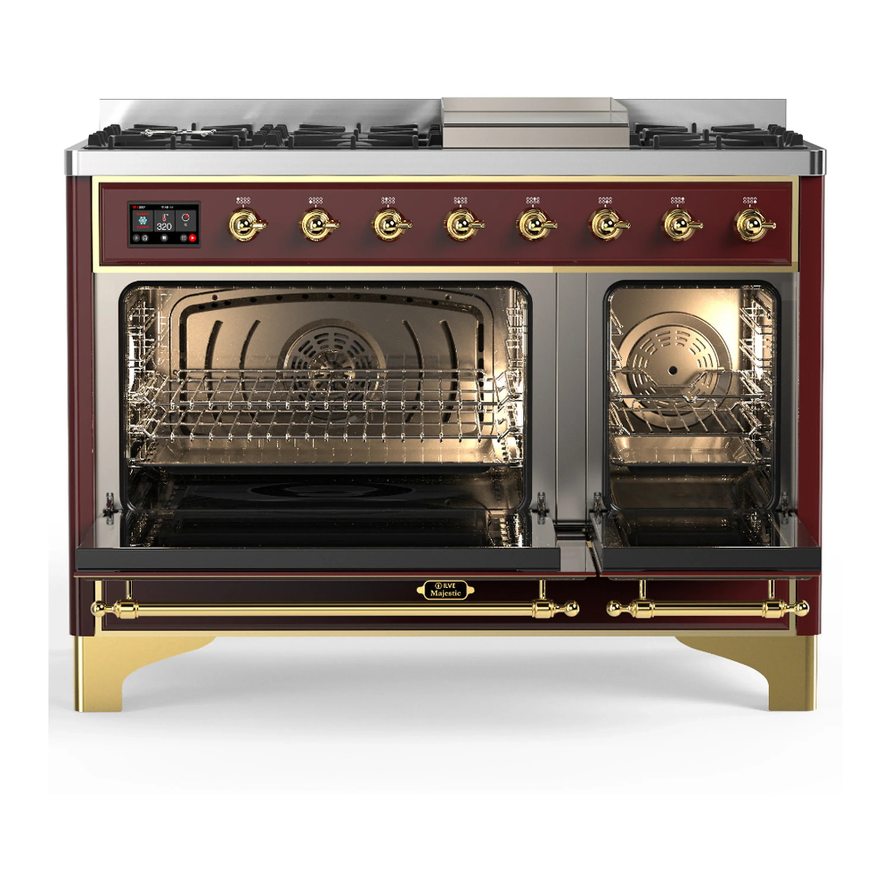 ILVE Majestic III 48-inch Dual Fuel Range with 5 Liquid Propane Burner, Griddle and Solid Door Electric Oven in Burgundy with Brass Trim (UM48FQNR3BUGLP) - Image 5