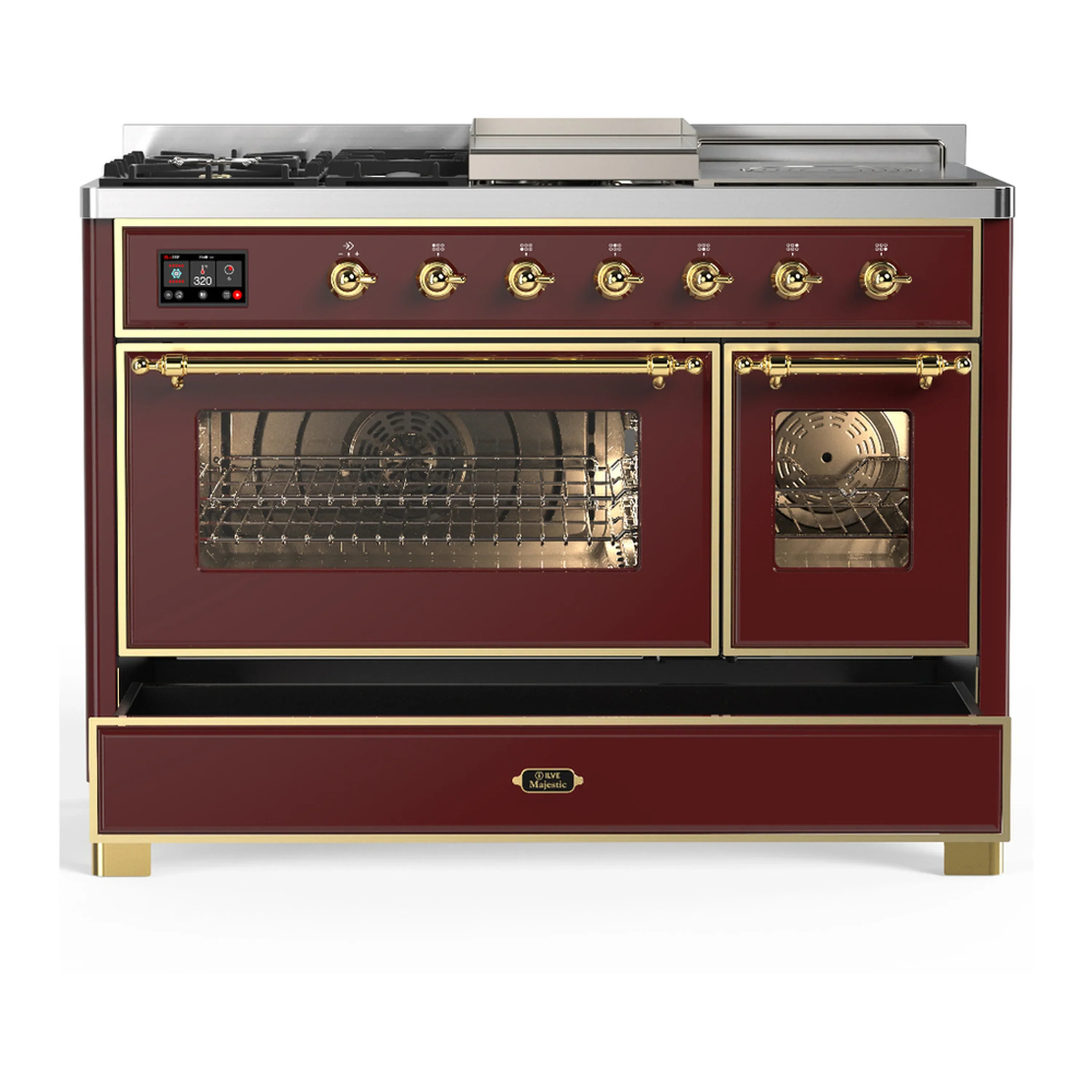 ILVE Majestic III 48-inch Dual Fuel Range with 5 Natural Gas Burner, Griddle, French Top and Triple Glass Door Electric Oven in Burgundy with Brass Trim (UM48FSNR3BUG) - Image 3