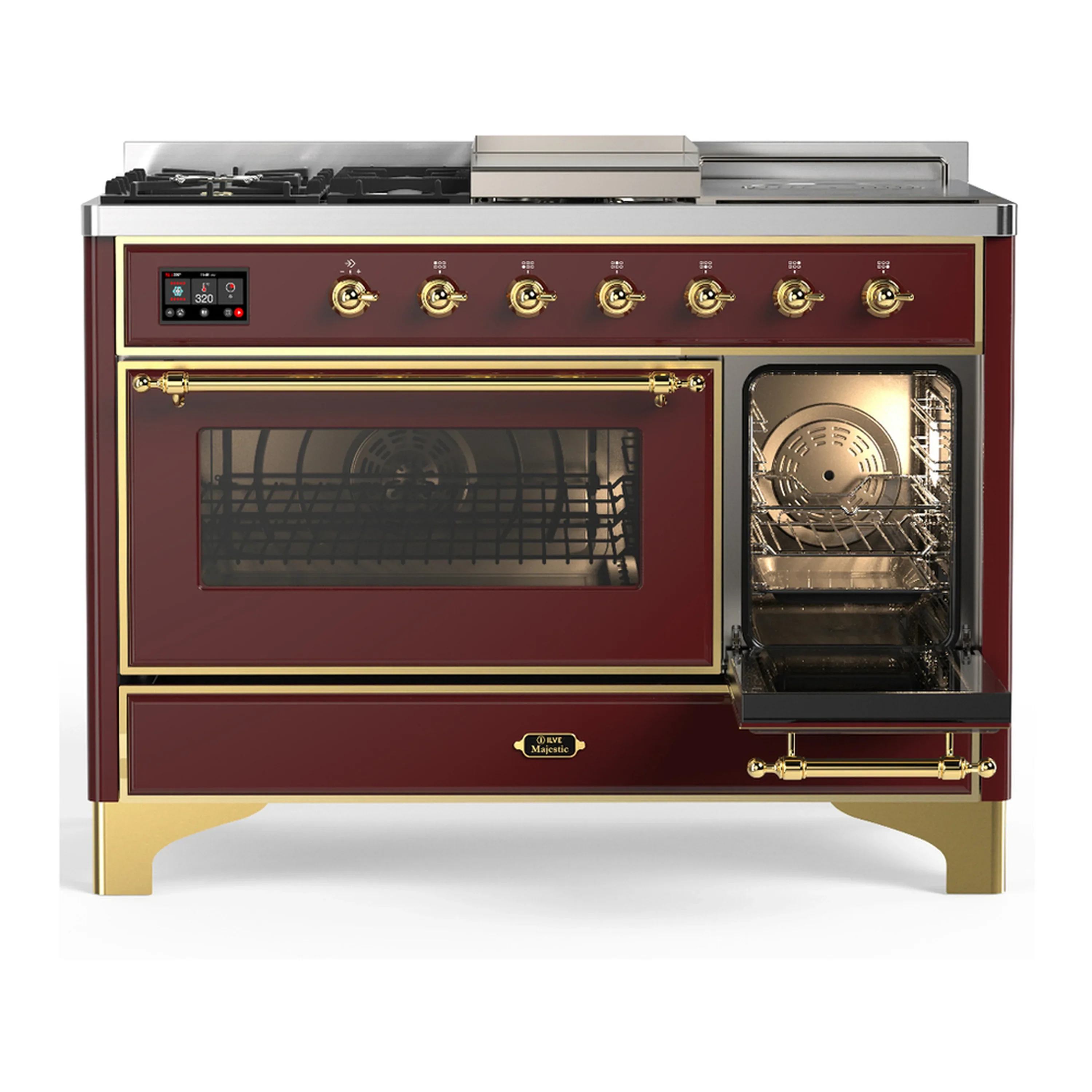 ILVE Majestic III 48-inch Dual Fuel Range with 5 Natural Gas Burner, Griddle, French Top and Triple Glass Door Electric Oven in Burgundy with Brass Trim (UM48FSNR3BUG) - Image 4