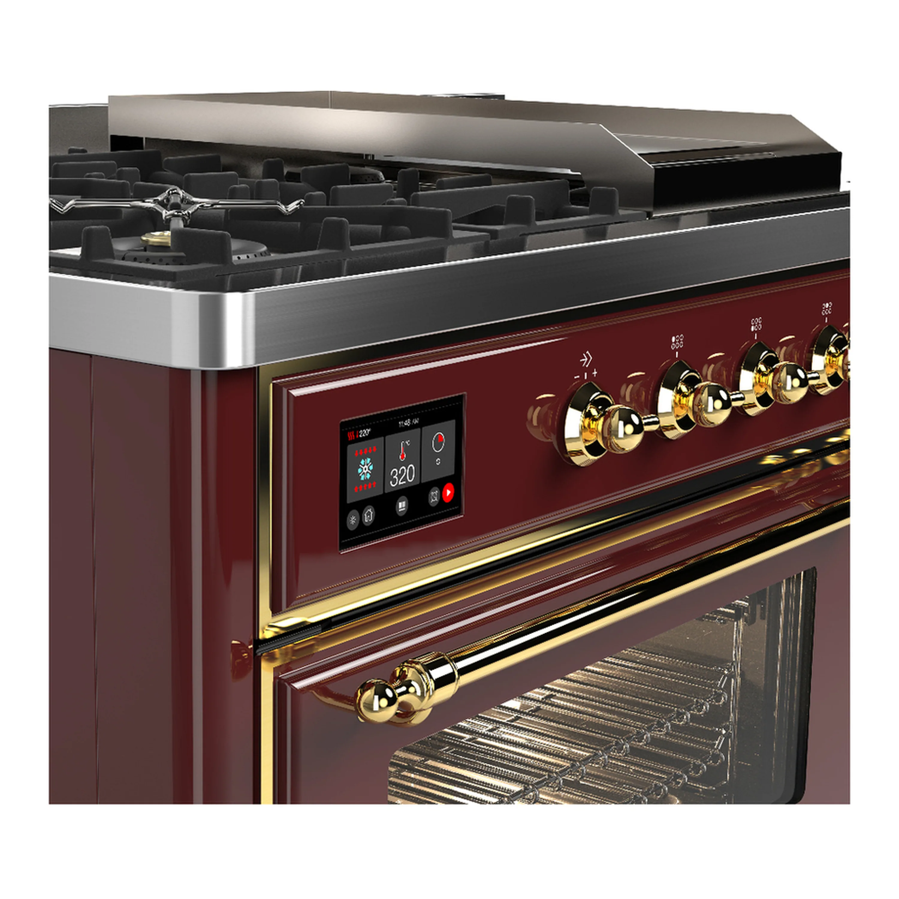 ILVE Majestic III 48-inch Dual Fuel Range with 5 Natural Gas Burner, Griddle, French Top and Triple Glass Door Electric Oven in Burgundy with Brass Trim (UM48FSNR3BUG) - Image 7