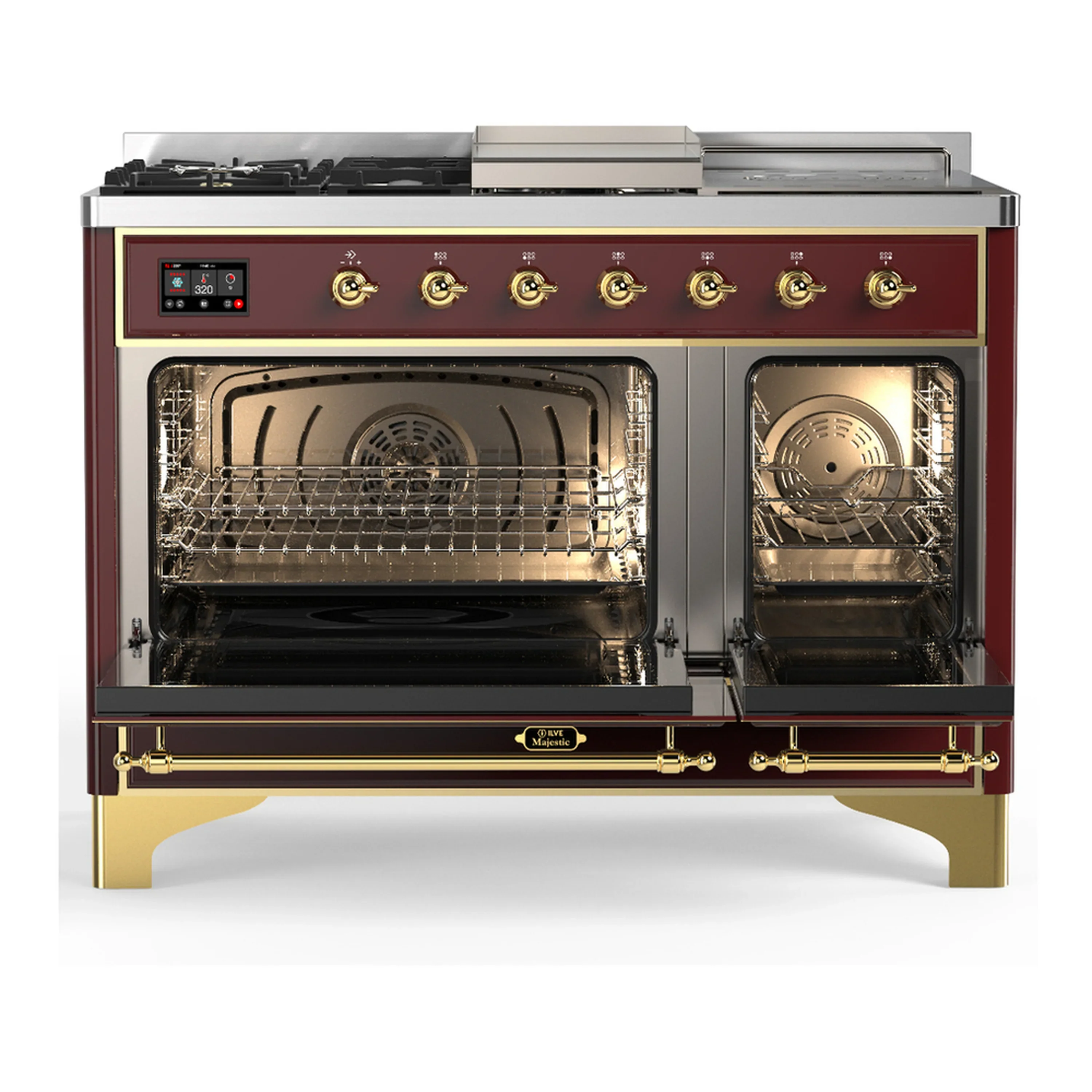 ILVE Majestic III 48-inch Dual Fuel Range with 5 Liquid Propane Burner, Griddle, French Top and Triple Glass Door Electric Oven in Burgundy with Brass Trim (UM48FSNR3BUGLP) - Image 6
