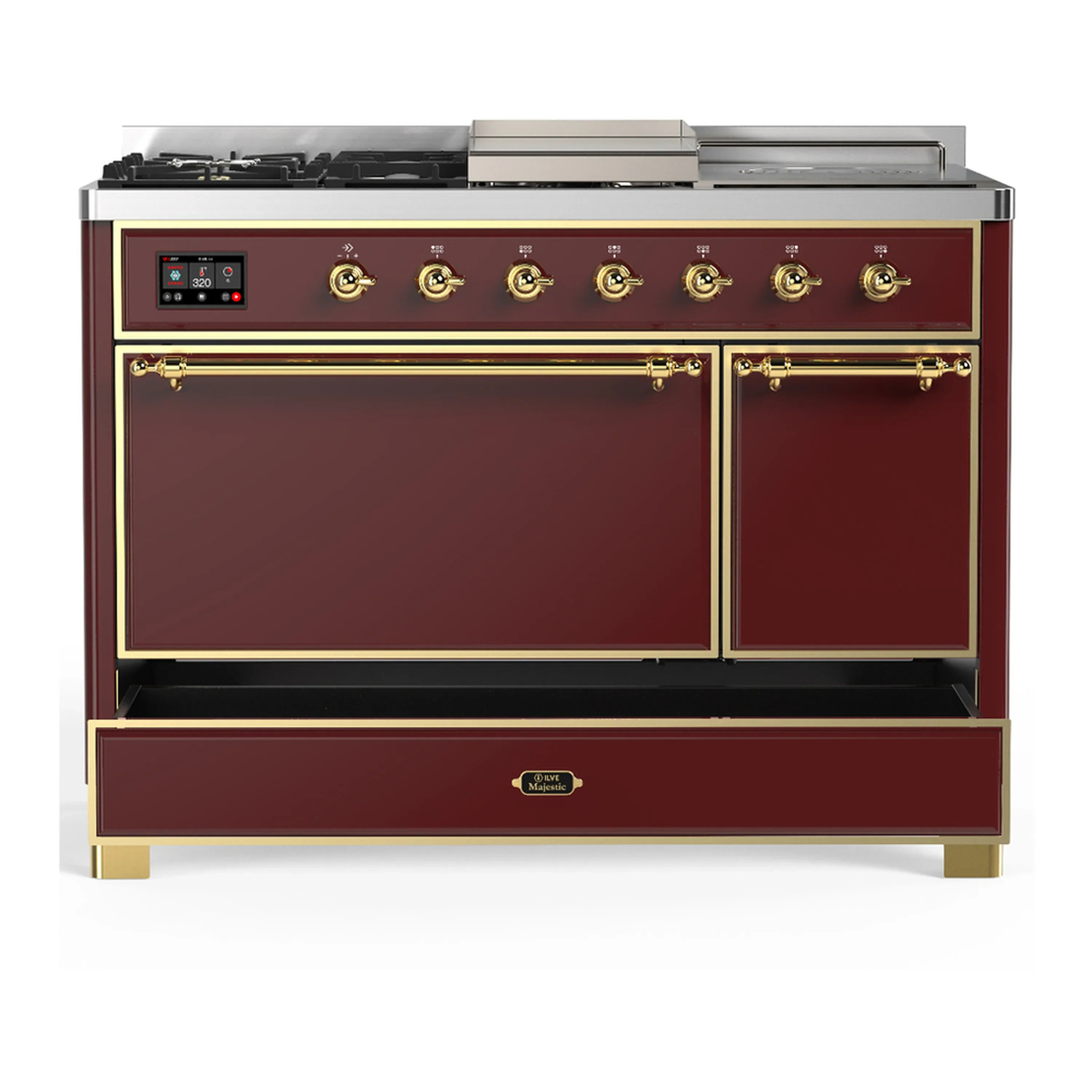 ILVE Majestic III 48-inch Dual Fuel Range with 5 Natural Gas Burner, Griddle, French Top and Solid Door Electric Oven in Burgundy with Brass Trim (UM48FSQNR3BUG) - Image 3