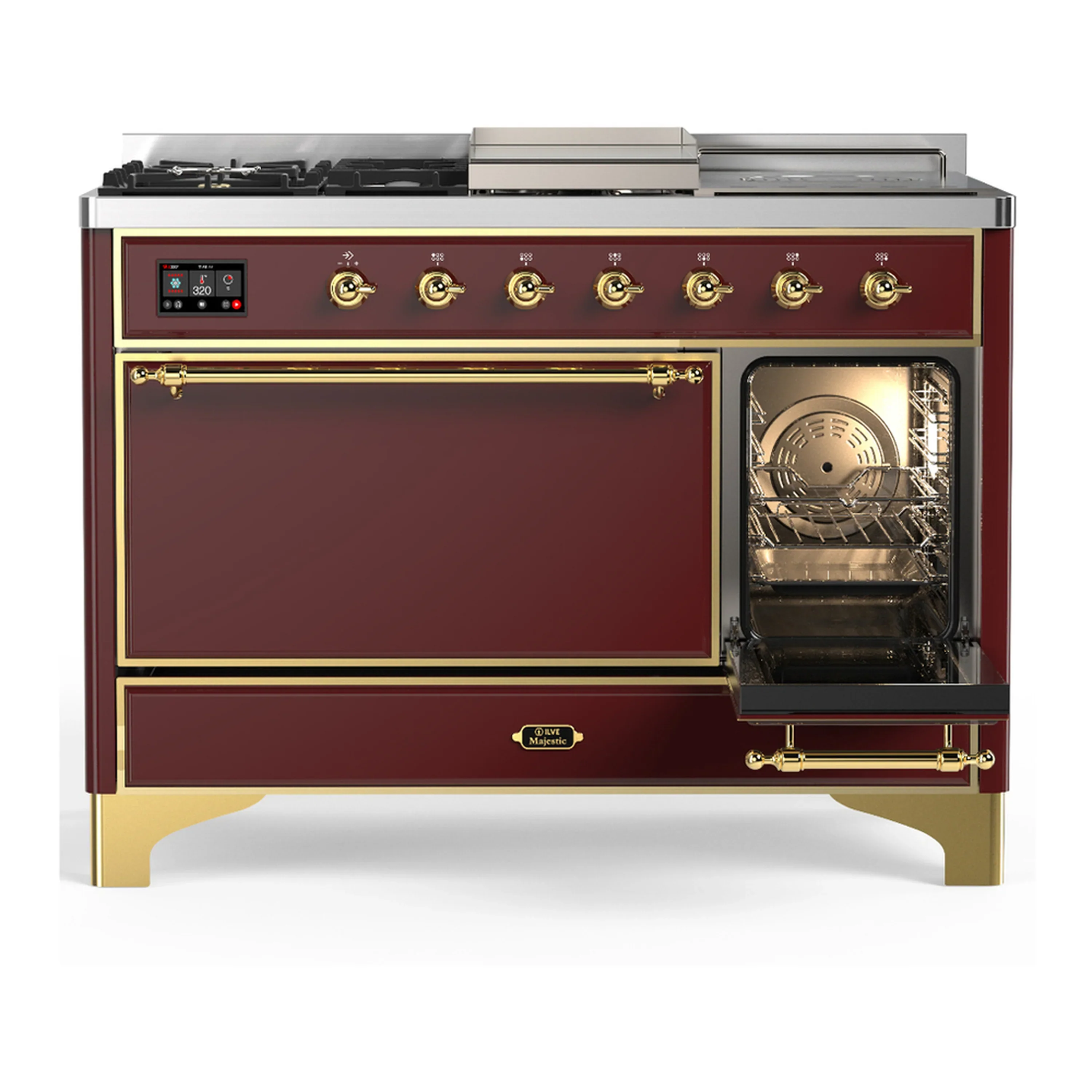 ILVE Majestic III 48-inch Dual Fuel Range with 5 Natural Gas Burner, Griddle, French Top and Solid Door Electric Oven in Burgundy with Brass Trim (UM48FSQNR3BUG) - Image 4