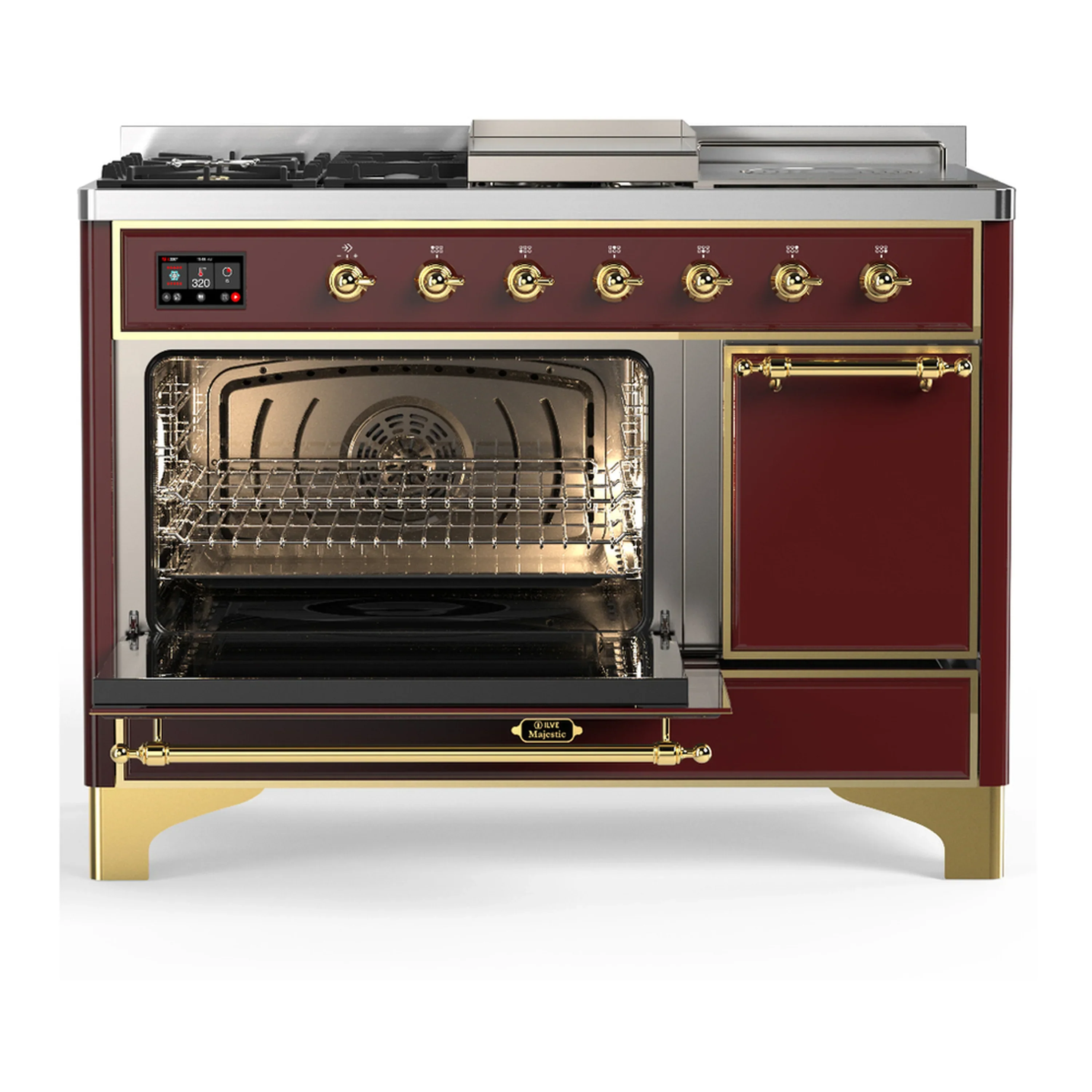 ILVE Majestic III 48-inch Dual Fuel Range with 5 Natural Gas Burner, Griddle, French Top and Solid Door Electric Oven in Burgundy with Brass Trim (UM48FSQNR3BUG) - Image 5