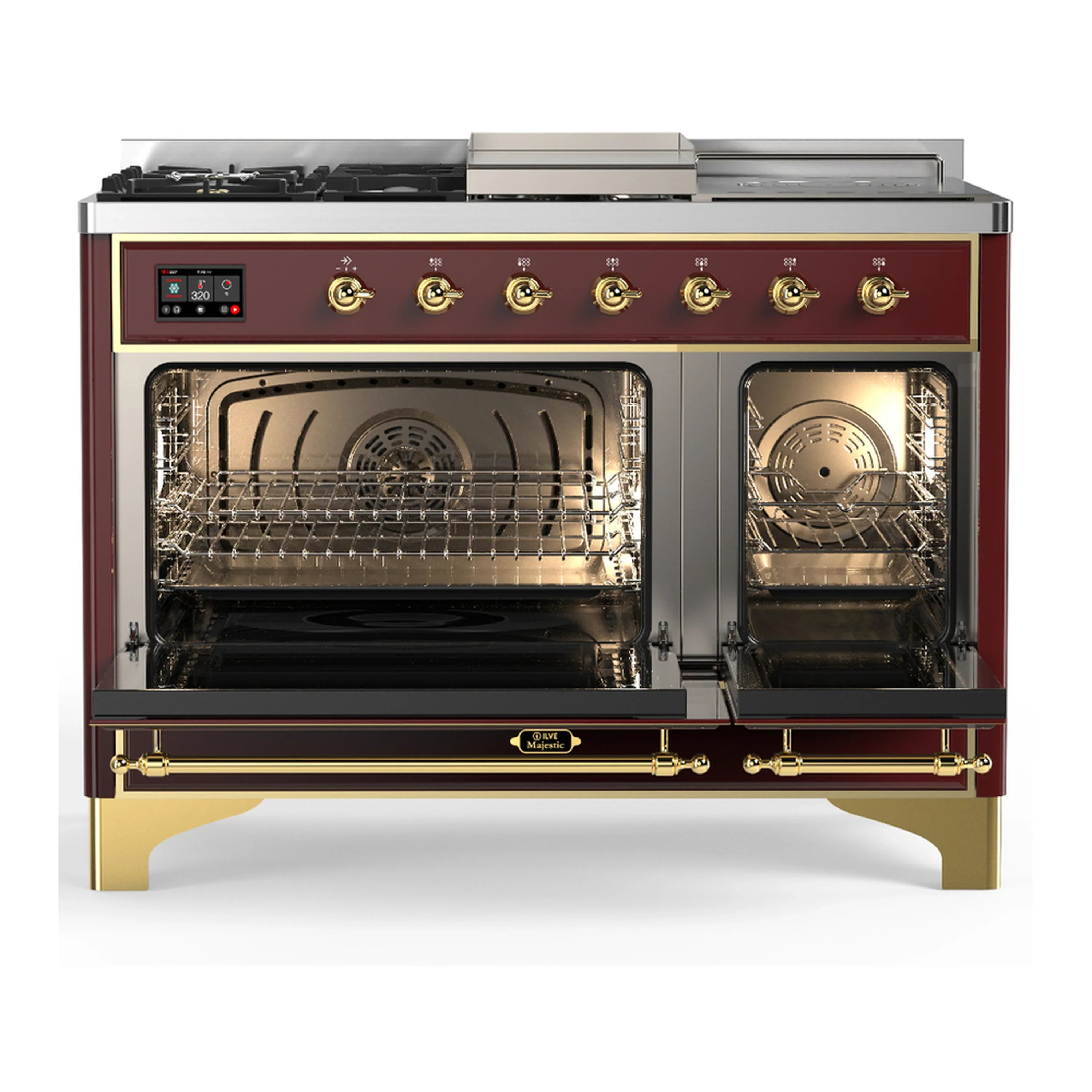 ILVE Majestic III 48-inch Dual Fuel Range with 5 Natural Gas Burner, Griddle, French Top and Solid Door Electric Oven in Burgundy with Brass Trim (UM48FSQNR3BUG) - Image 6