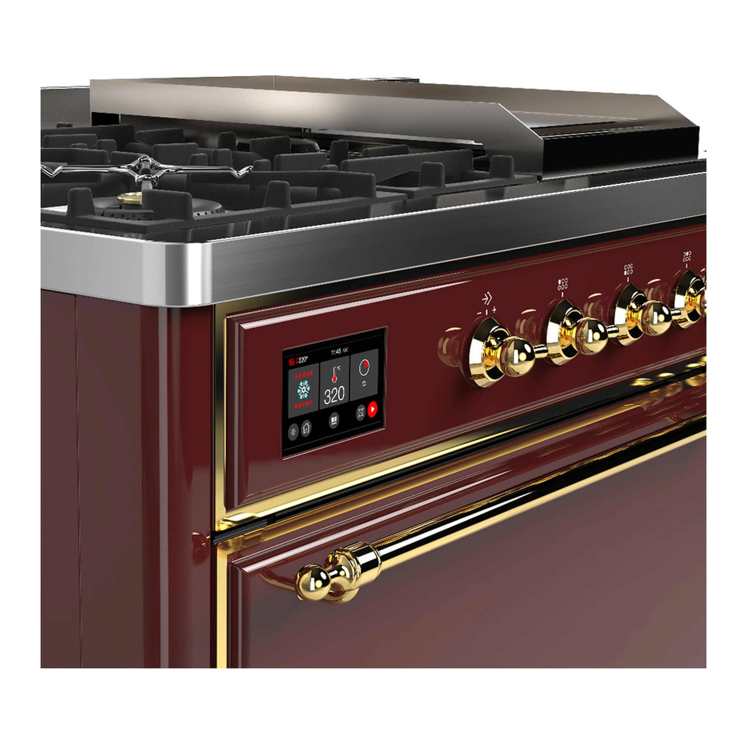 ILVE Majestic III 48-inch Dual Fuel Range with 5 Natural Gas Burner, Griddle, French Top and Solid Door Electric Oven in Burgundy with Brass Trim (UM48FSQNR3BUG) - Image 7
