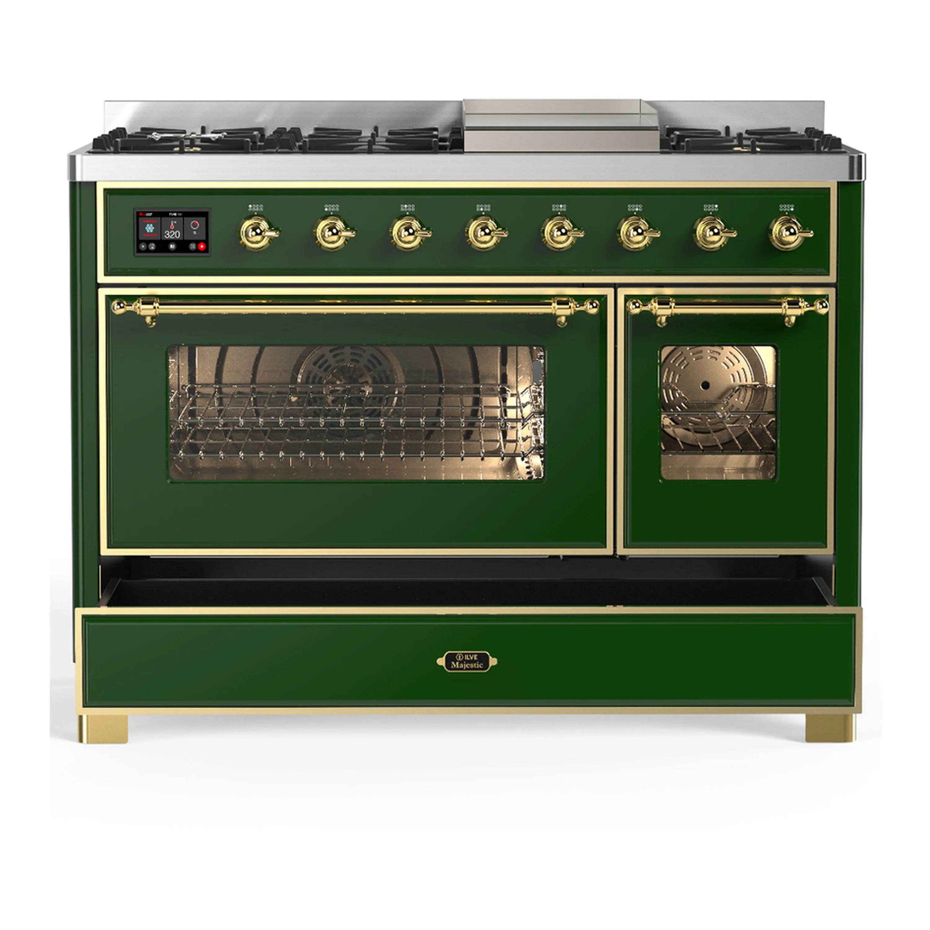ILVE Majestic III 48-inch Dual Fuel Range with 5 Natural Gas Burner, Griddle and Triple Glass Door Electric Oven in Emerald Green with Brass Trim (UM48FNR3EGG) - Image 3