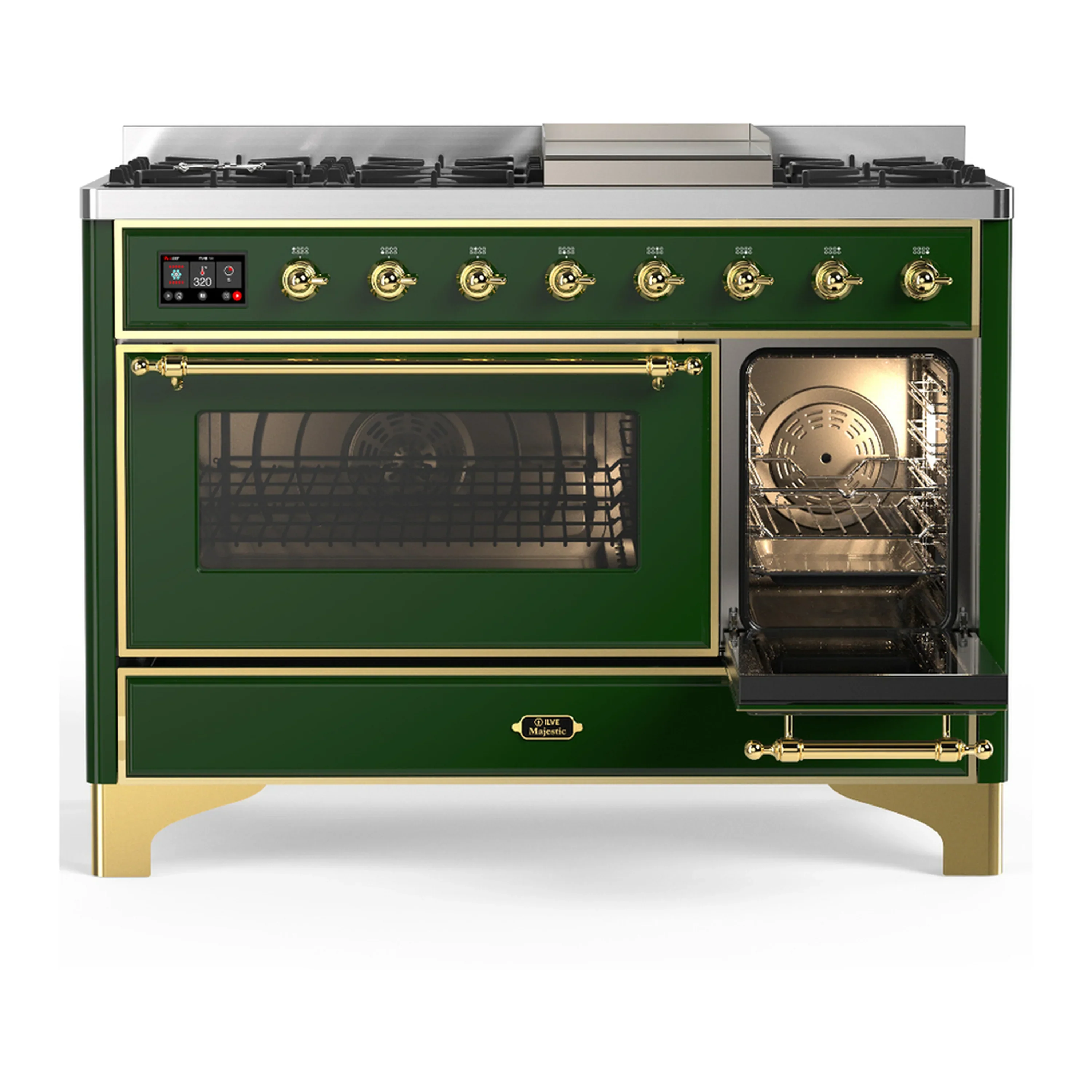 ILVE Majestic III 48-inch Dual Fuel Range with 5 Natural Gas Burner, Griddle and Triple Glass Door Electric Oven in Emerald Green with Brass Trim (UM48FNR3EGG) - Image 4