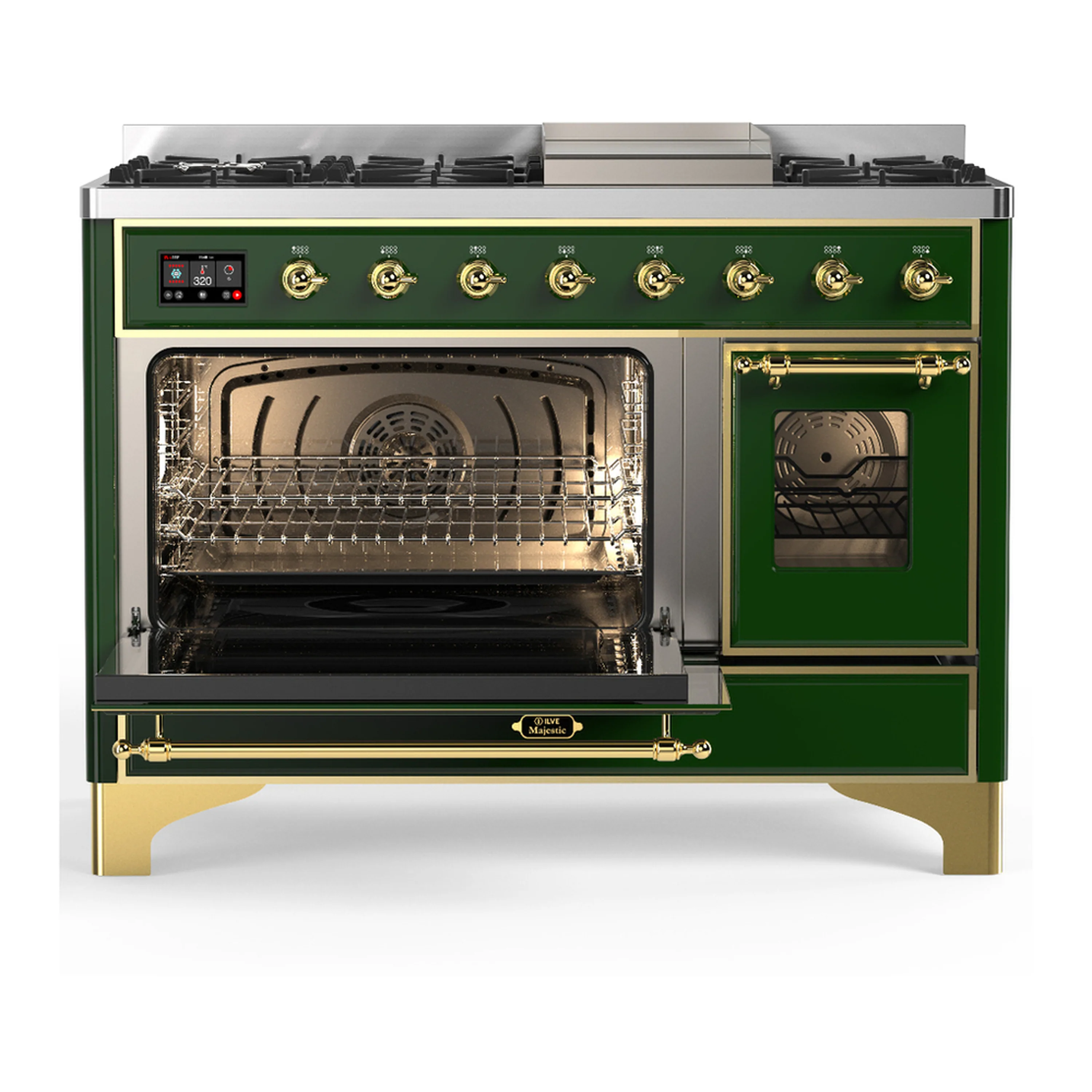 ILVE Majestic III 48-inch Dual Fuel Range with 5 Natural Gas Burner, Griddle and Triple Glass Door Electric Oven in Emerald Green with Brass Trim (UM48FNR3EGG) - Image 5